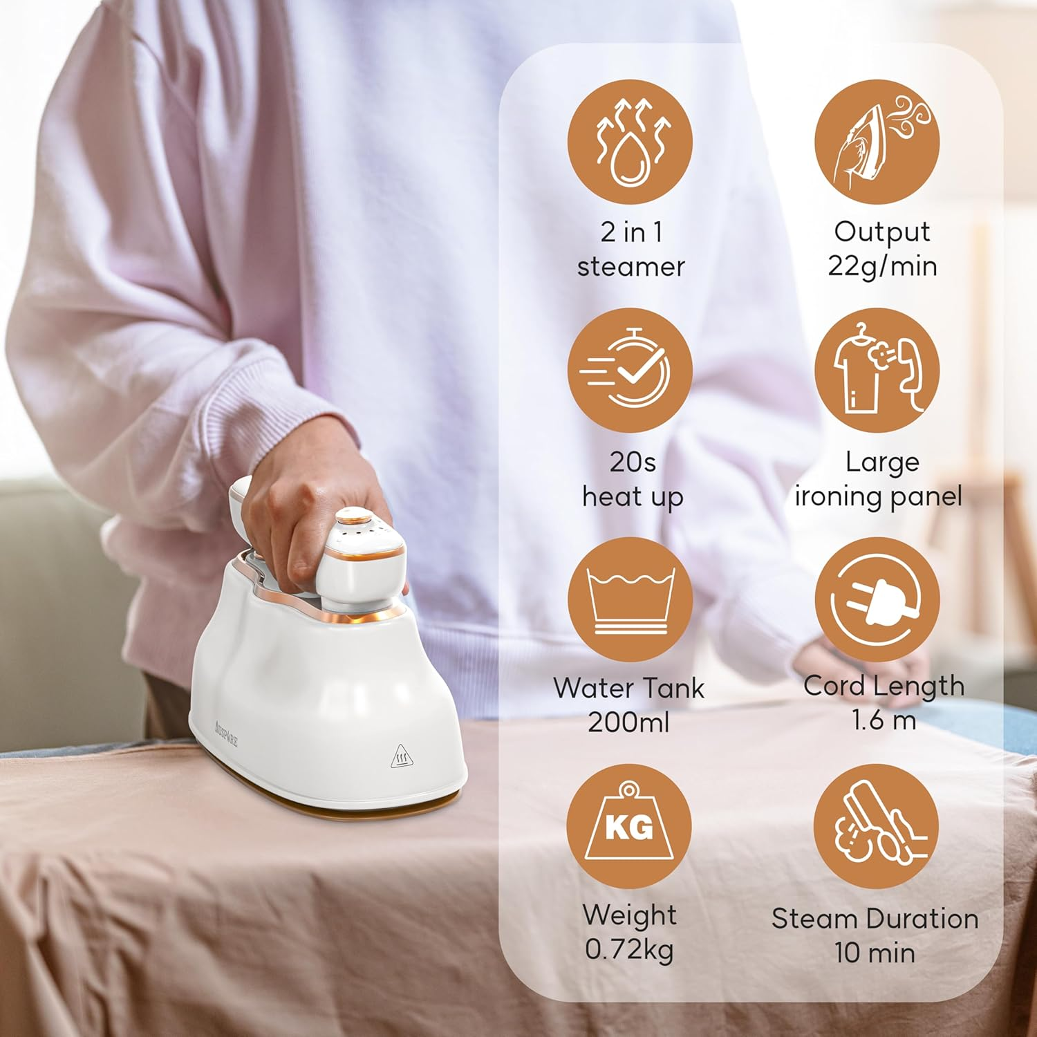 AUSPURE Garment Steamer, 2-In-1 Iron & Clothes Hand Steamer, With, 200Ml Water Tank, 3 Steam Levels, 22G/Min High Steam Output, 1430W, 20Sec Fast Heat-Up, Powerful Wrinkle Removal image number 6