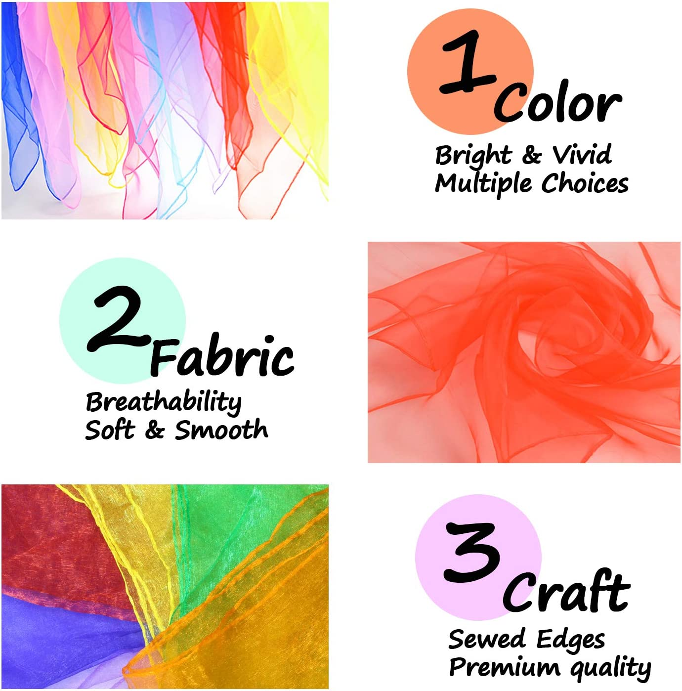 Novelty Place Dance & Juggling Scarves (12PCS) - Silk Square Scarf with Hemmed Edges - Easy Clean Ideal Performance Props Accessories - 6 Colors(24" X 24") image number 4