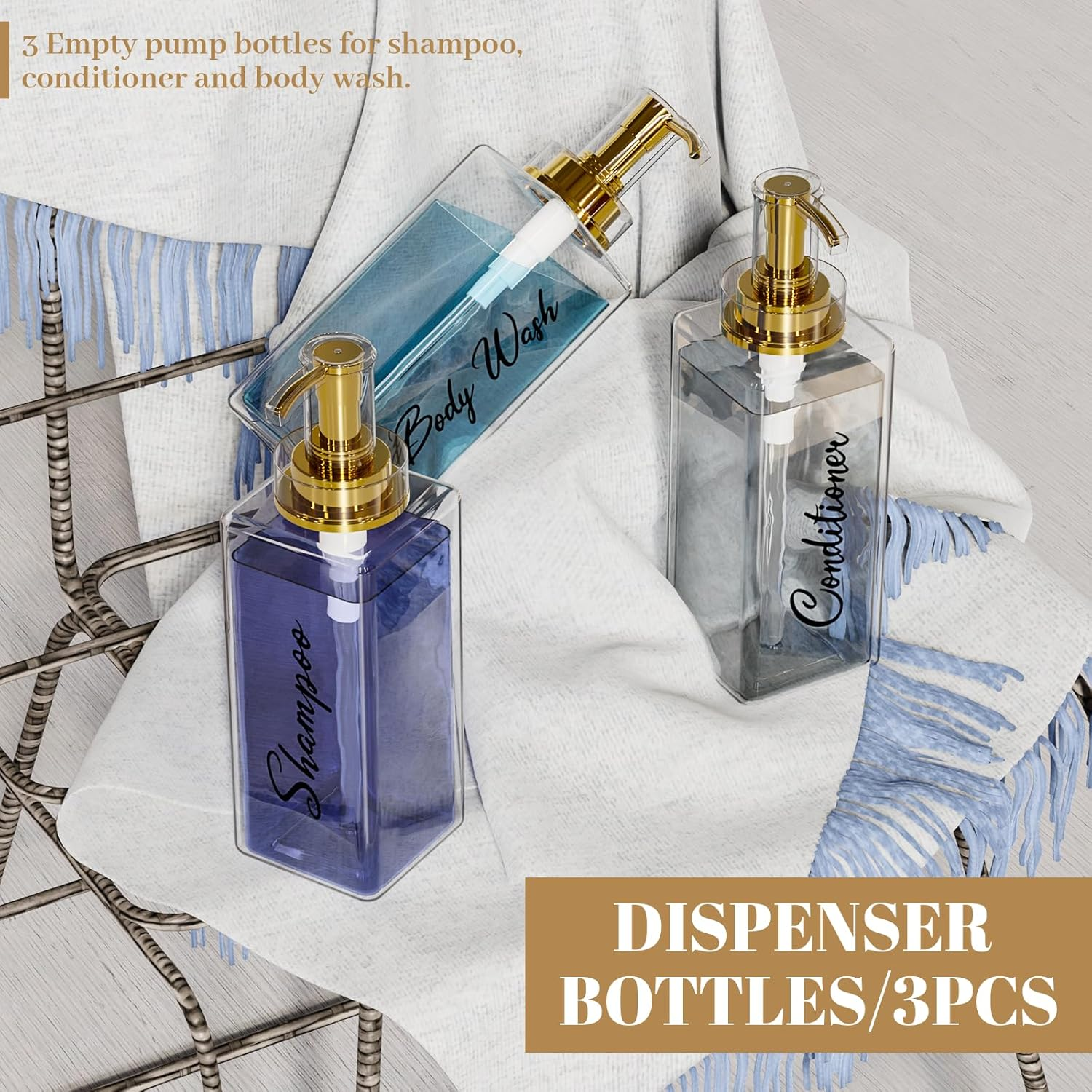 Akalin Shampoo and Conditioner Dispenser 16Oz, Set of 3 Refillable Shampoo and Conditioner Bottles with Pump, 3 Clear Body Wash Dispenser for Shower, Gold Soap Dispenser Bathroom (Clear) - White image number 7