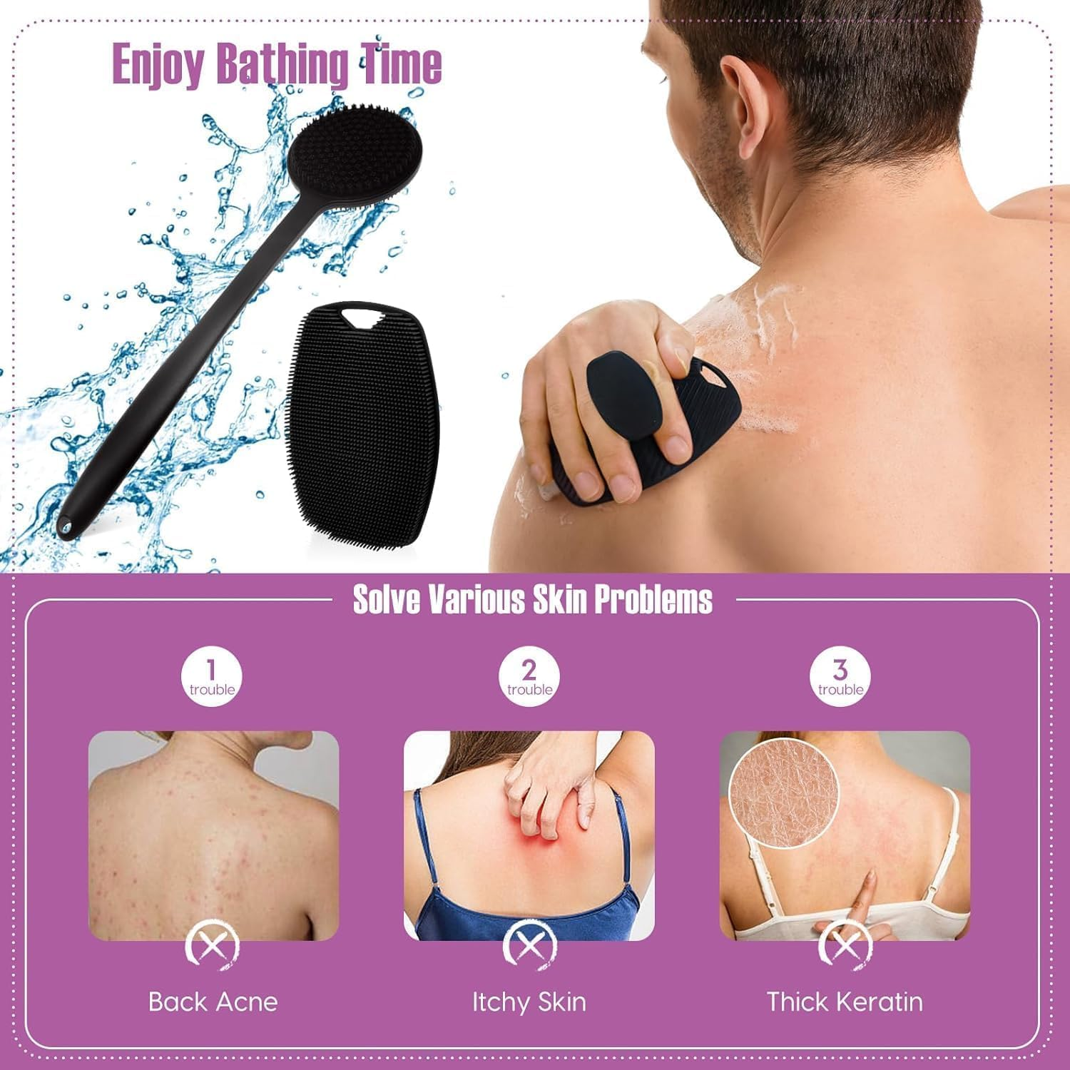 FRAKMU Silicone Body Scrubber,3 in 1 Silicone Scrubber Set Produce Rich Foam, Upgraded Body Brush Anti-Slip Long Handle Double Sided Shower Brush,Shower Brush with Hook image number 5