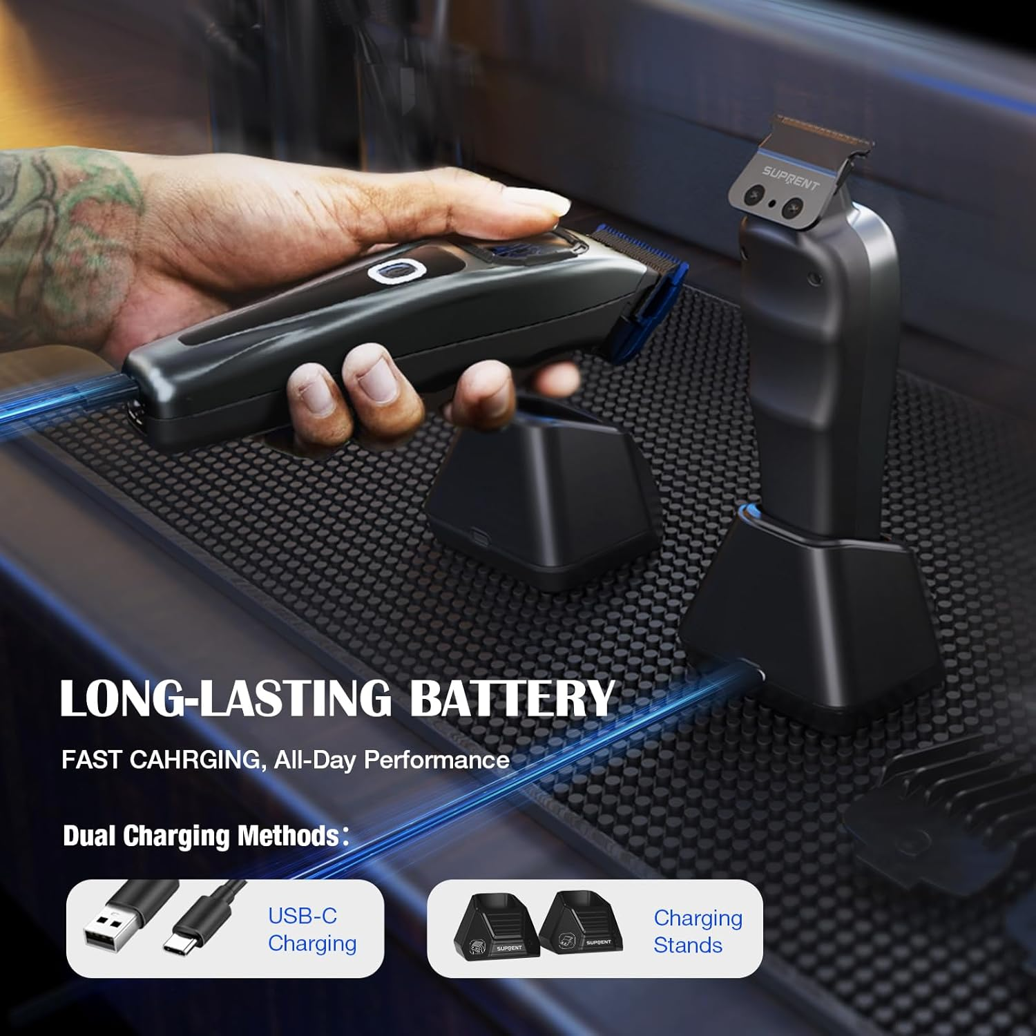 SUPRENT Professional Hair Clippers for Men - Barber Clippers & Zero-Gapped Trimmer Combo with Charging Stand, 10000 RPM Motor Speed Hair Cutting Kit, Blue Titanium-Coated Blades (Gray) image number 6