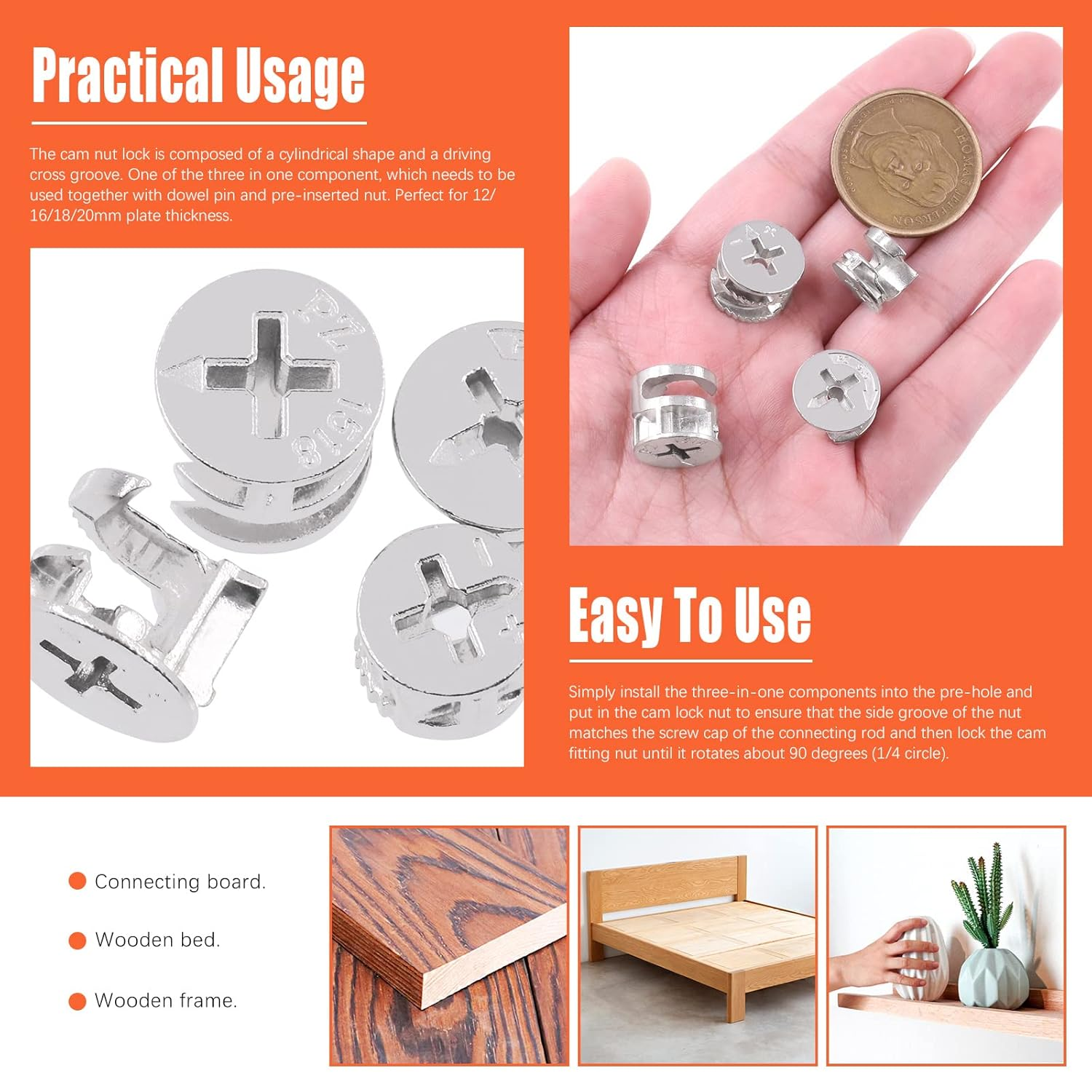 Tanstic 100Pcs 4 Sizes Furniture Connecting Cam Lock Fittings, Fastener Cabinet Connectors Hardware Bolts Lock Nut image number 3