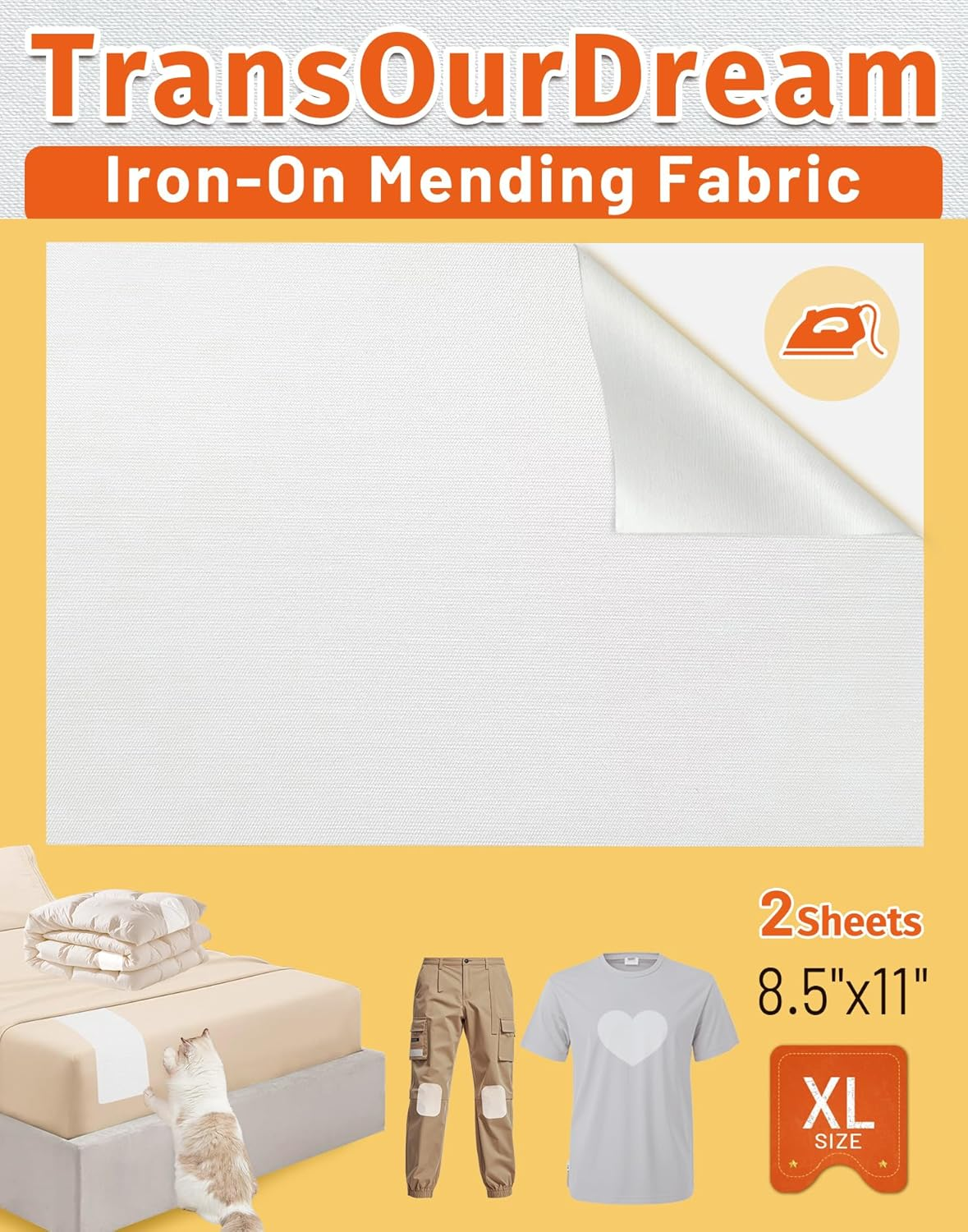 Transourdream Tru-White Iron on Fabric Patches for Clothes, Extra Large Iron on Repair Patch for Clothing, Jeans, Sheets, Duvet Cover, Curtains&Sofa, inside Use Fabric Patch,No Sewing(2 Pcs, 8.5"X11")