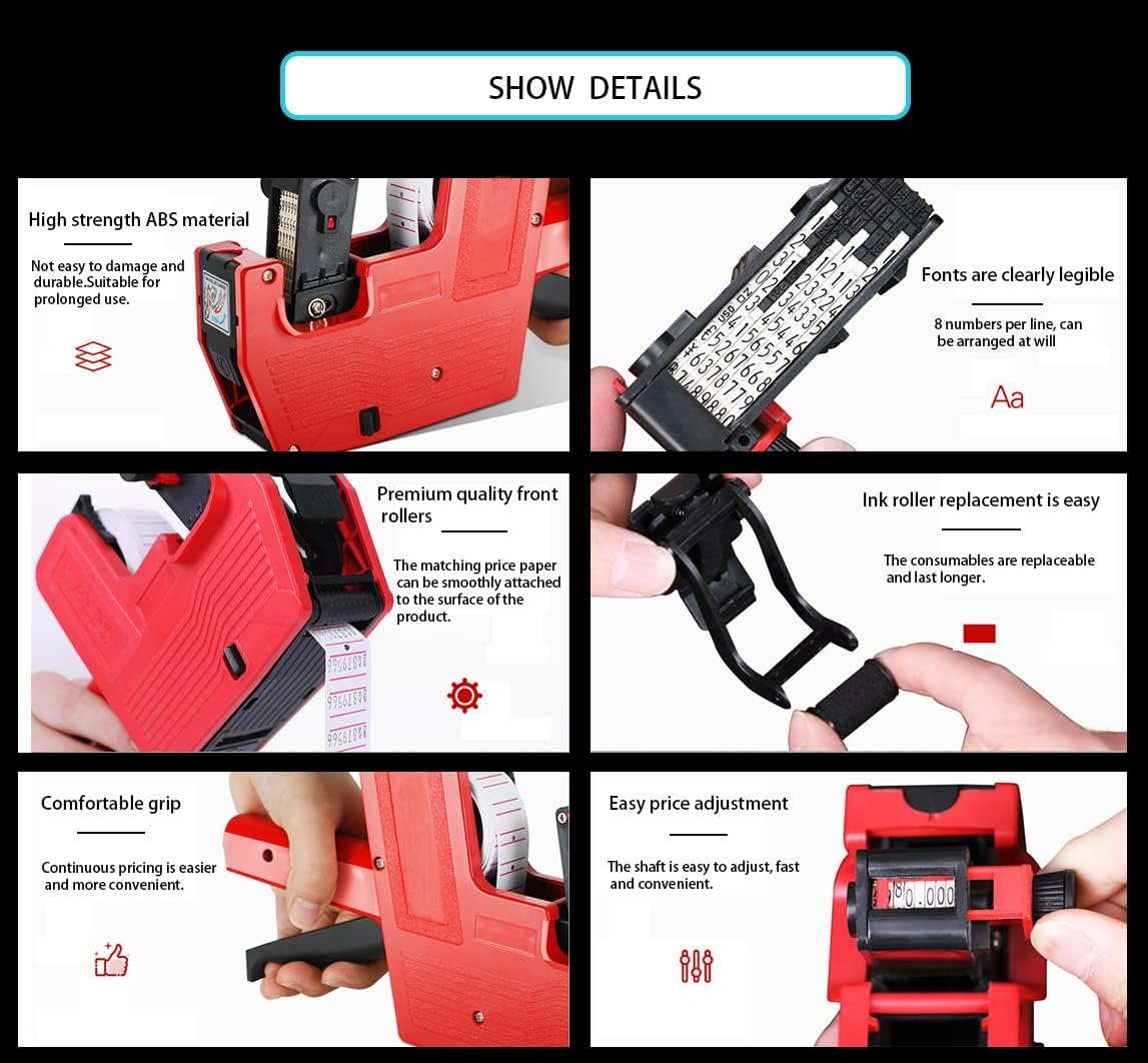 1-Line 8 Digits Price Label Gun with 10 Rolls/6000Pcs White Labels 3 Inkers,Pricing Stickers Labeler,Tag Maker Tagging Machine Gun for Office,Retail Shop,Grocery Store(Bright-Red) image number 4