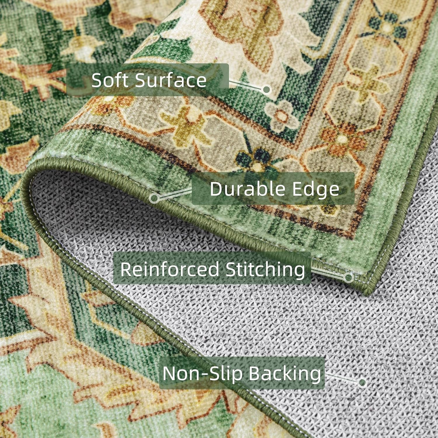 Deerly Area Rugs for Living Room Boho Vintage Machine Washable Carpet Non-Slip Distressed Print Floor Area Rug for Bedroom, Livingroom, Entance, Laundry, Dormitory, Apartment (Darkgreen, 120X160CM)