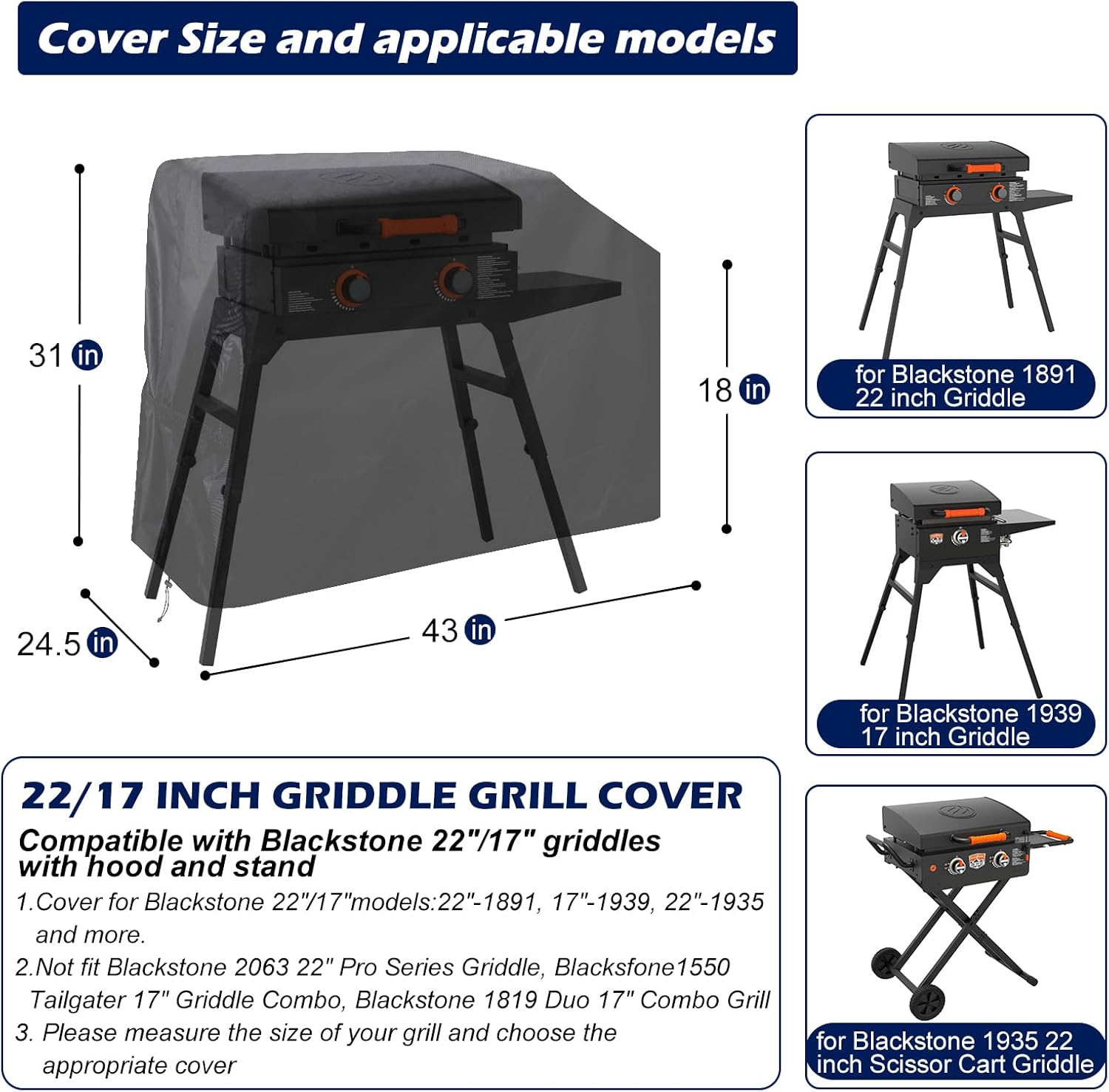 Griddle Grill Cover for Blackstone 22 Inch and 17 Inch with Hood and Stand, Waterproof UV Resistant Rip-Proof Material Griddle Cover - Black(Cover Only) image number 4