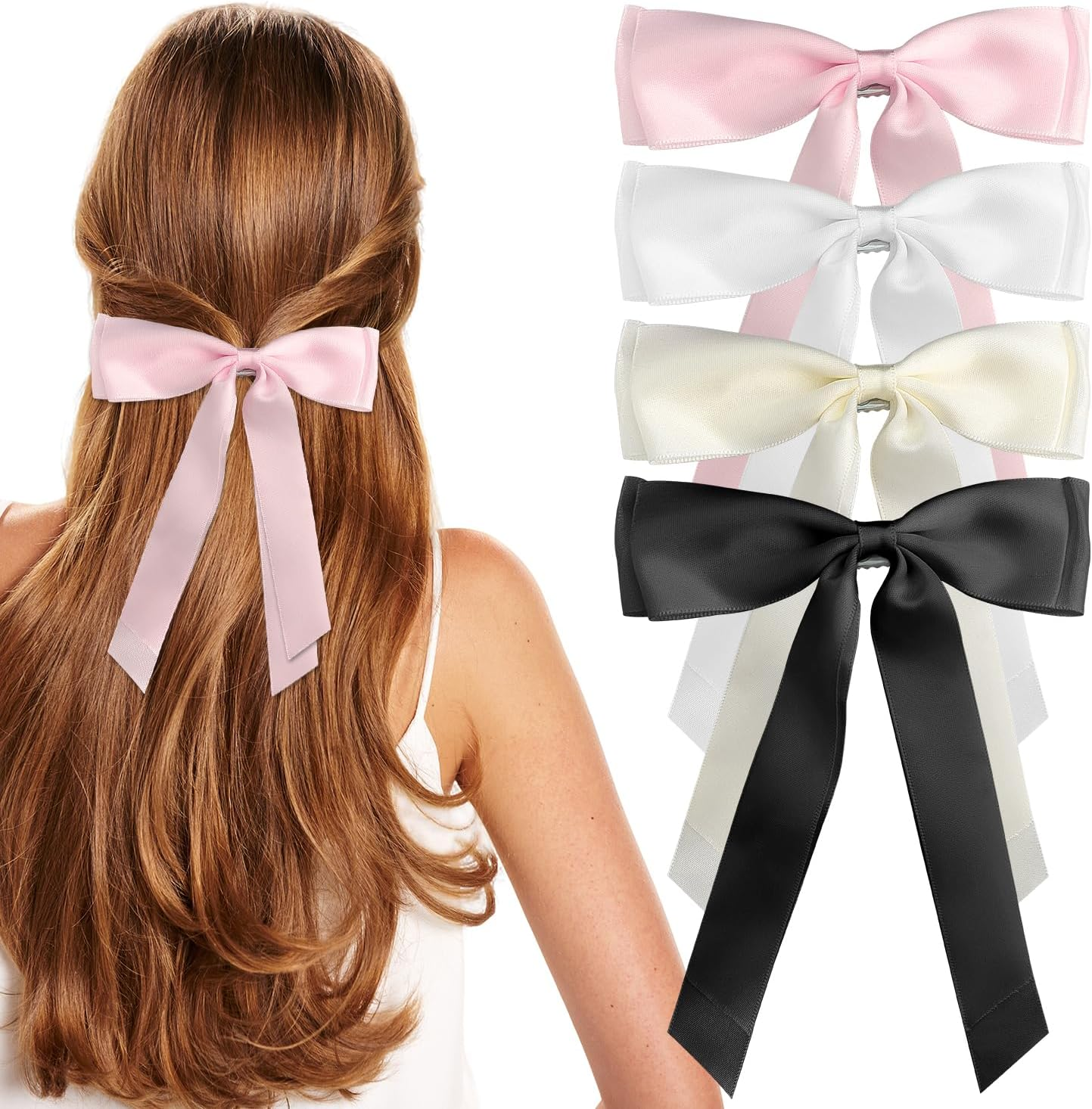 IGXX 4PCS Hair Bows, Satin Bow Hair Clips with Metal Clips, Hair Accessories for Women & Girls (White Black Pink Beige) image number 2