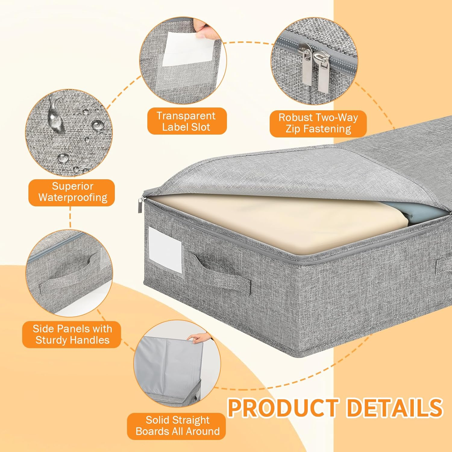 Romon Storage Box with Lid, Pack of 2, 50 L Underbed Storage and Organisation, Made of Reinforced Linen for Dresses and Bedding, Foldable Large Underbed Storage with Label Compartment, Grey image number 5