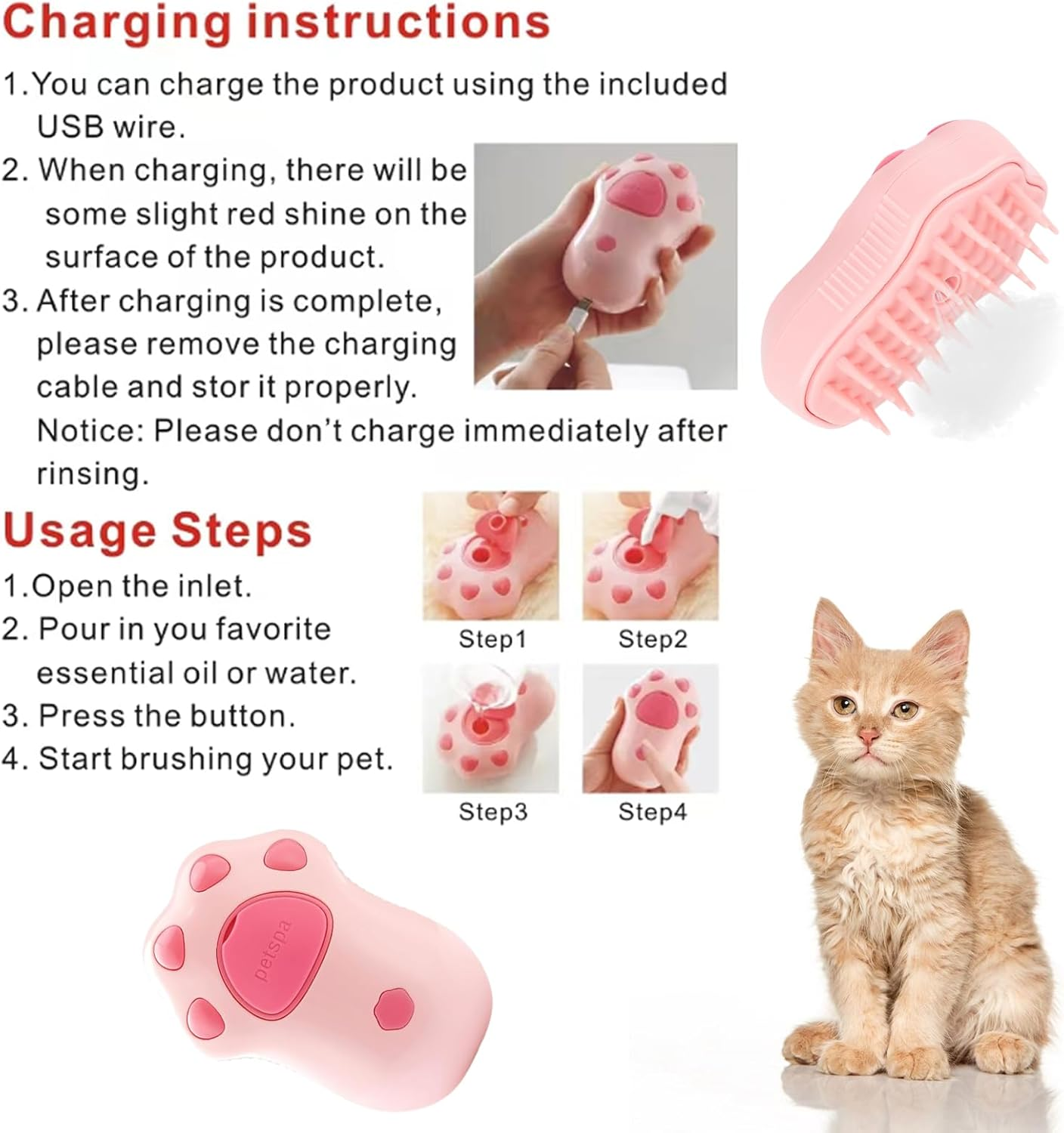 Pack of 2 Pet Cat Brush, Dog Brush, 3-In-1 Steamy Cat Brush, Self-Cleaning Slicker Brush, Removes Loose Undercoat, for Cats, Dogs, Massage, Self-Cleaning - C image number 4