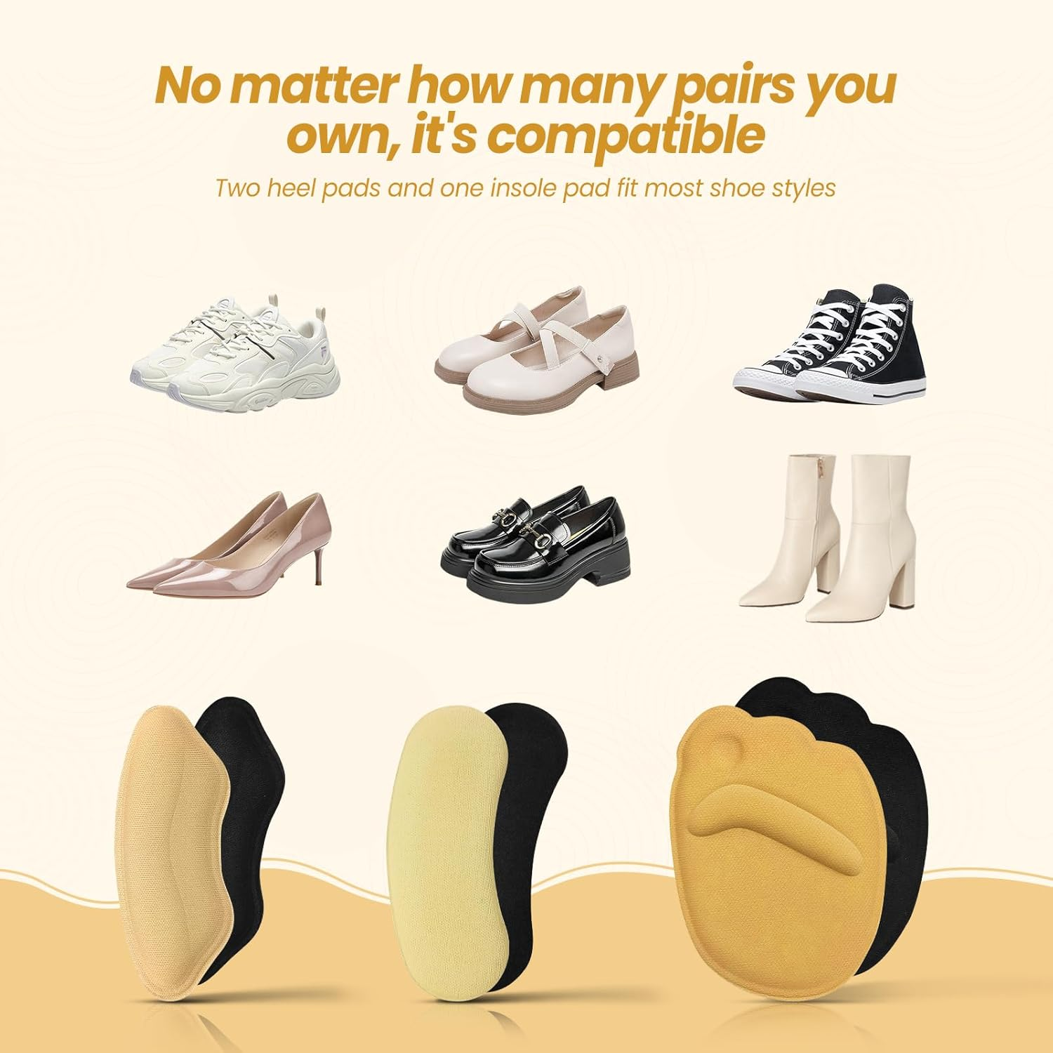 Unisex 14-Piece Heel Grips Set | Heel Cushions & Cups Heel Cushions & Cups*12 + Forefoot Pads Forefoot Pads*2, Self-Adhesive Shoe Inserts Shoe Inserts for Better Fit.(Black+Beige) image number 4