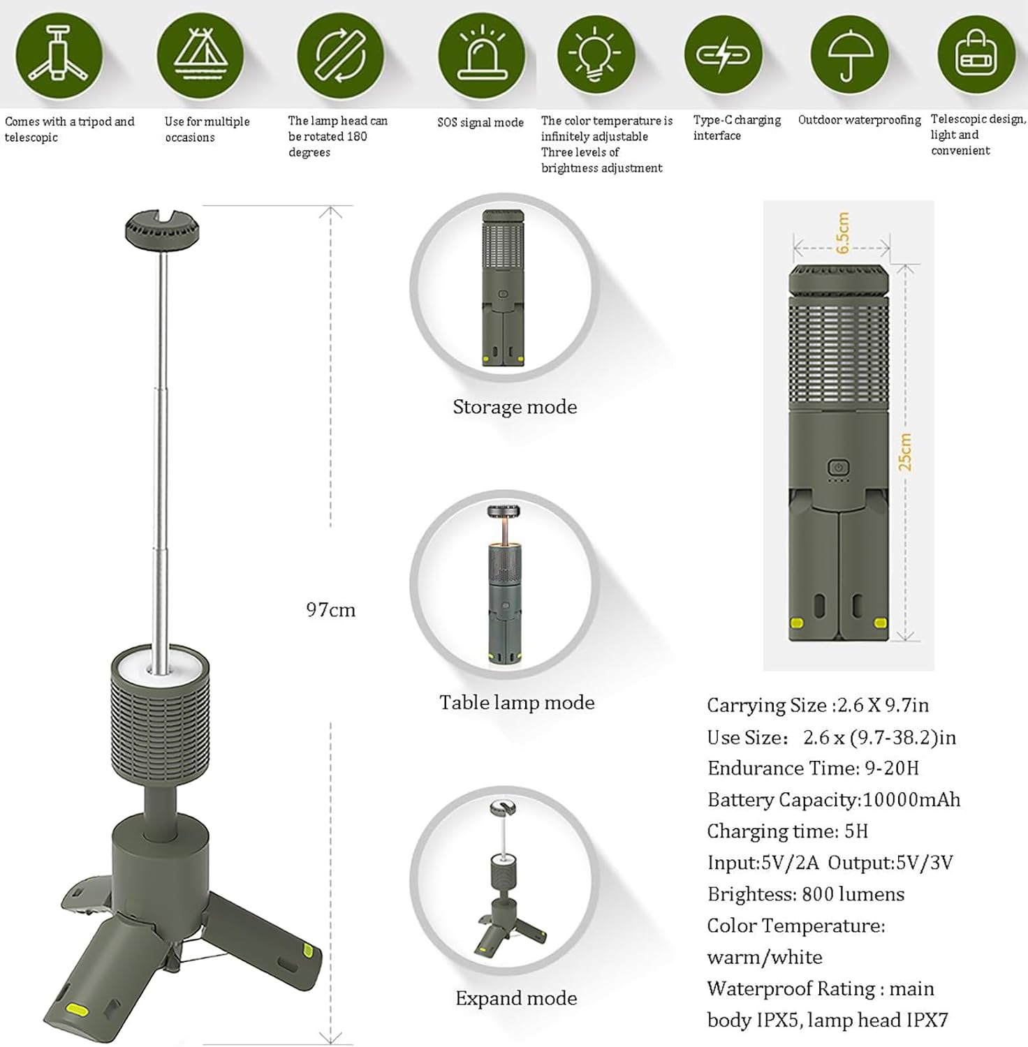 Camping Lights, 10000Mah Battery, Large Capacity LED Camping Lantern, Portable Telescopic & Foldable Rechargeable Night Light, Super Bright 800 Lumens, IPX7 Waterproof Outdoor Emergency,Travel (Green) image number 2