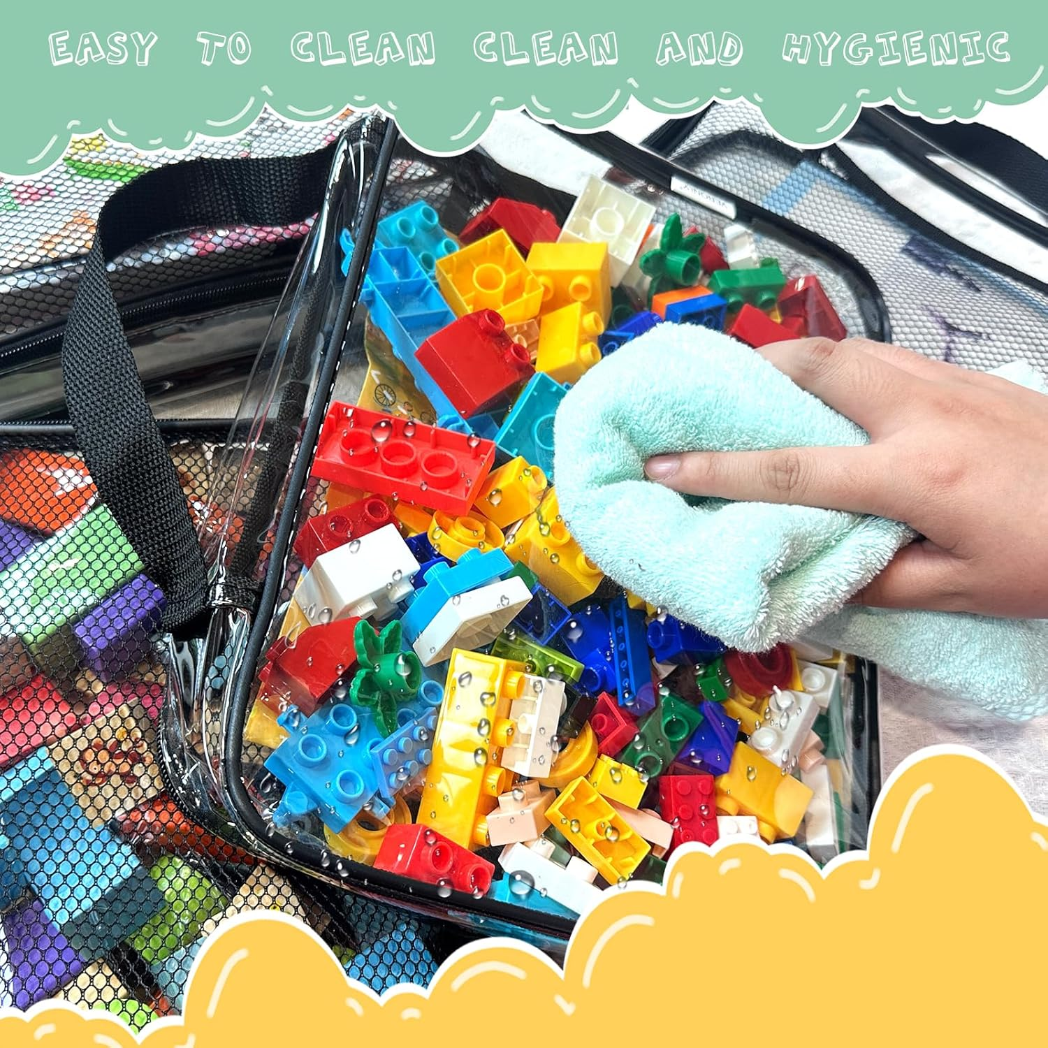 VERONLY 4 Packs PVC Toy Zippered Blocks, 13.3"X3" X10.4" Travel Storage Case Bags for Organizing, Waterproof Toy Storage Bags with Mesh Pockets for Building Blocks, Puzzles, Clays,Toy Cars (Black) - L-Pink image number 7