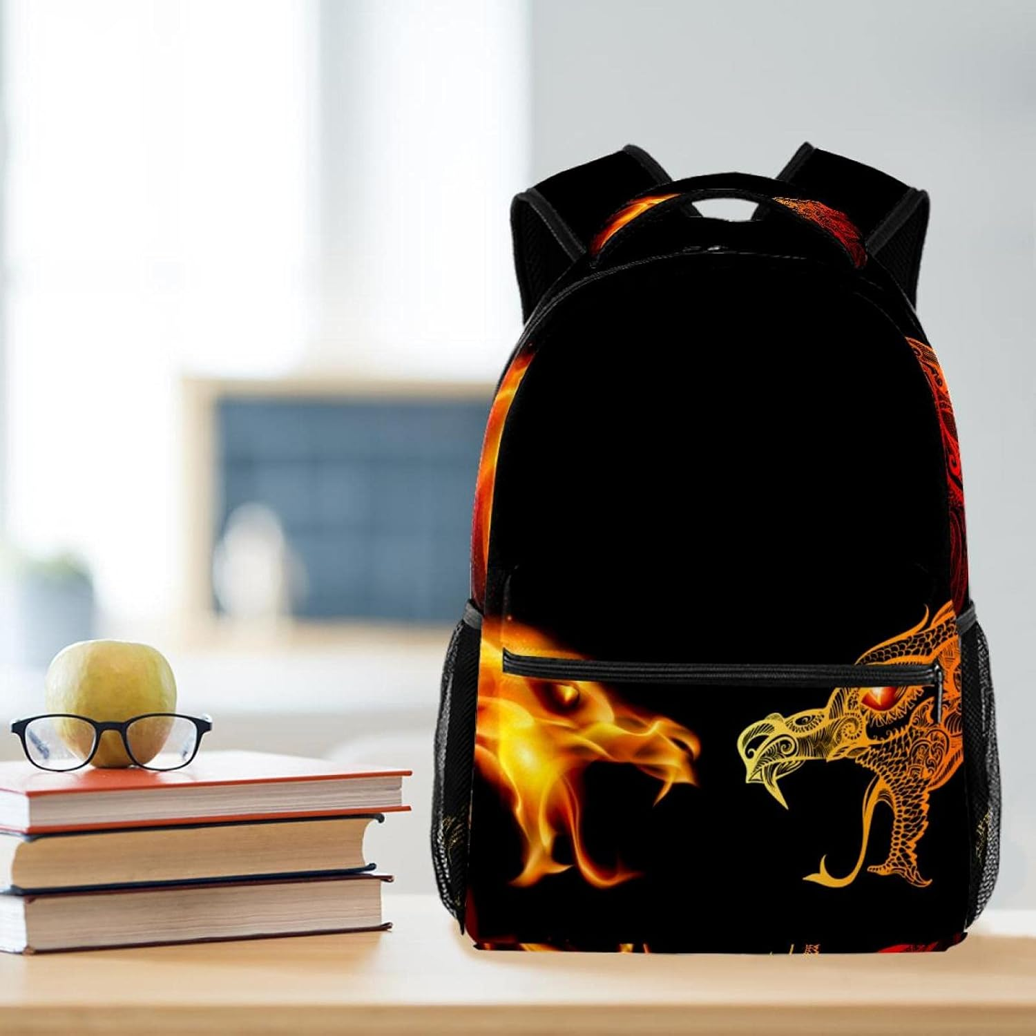 Two Dragon Heads in Fire Backpack Students Shoulder Bags Travel Bag College School Tote Backpacks image number 3