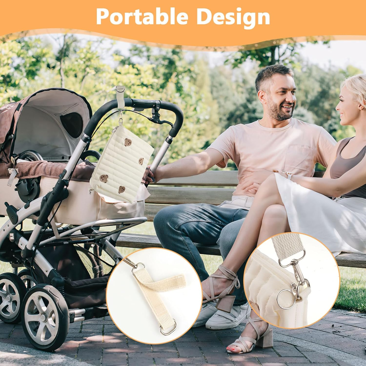 Portable Diaper Bag, Embroidery Bear Baby Changing Bags, Cotton Nappy Bag Organiser, Mum Bag with Pram Hook, for Mum Baby Travel, White, Black, Black image number 6