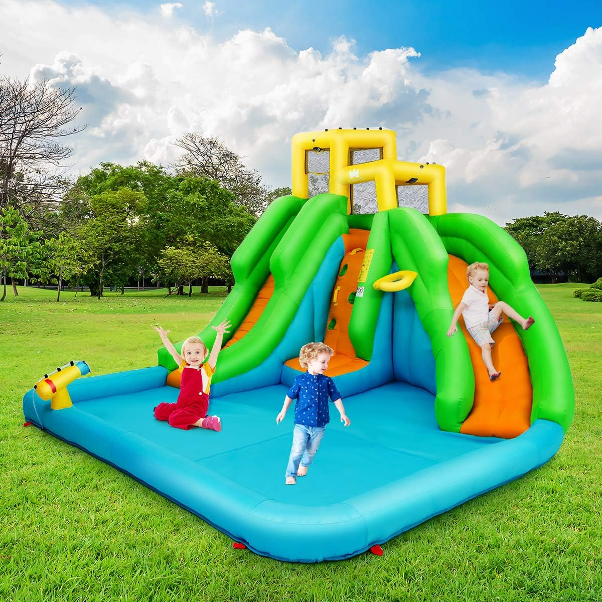 HONEY JOY Inflatable Water Slide, 6 in 1 Inflatable Castle Water Park W/Climbing Wall, Basketball Rim, Large Bounce House, Splash Pool, Water Cannon, Kids Water Slides for Backyard (Without Blower) image number 1