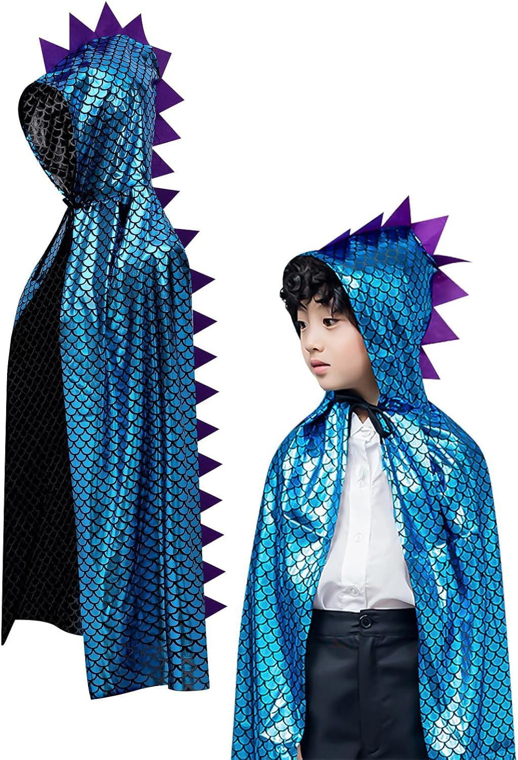 Kids Halloween Metallic Spike Cape Hooded Scale Cloak Dragon Dinosaur Medieval Accessory for Dress up Pretend Play Fantasy Robe,Birthday,Cosplay Theme Party Costume Gold/Blue/Silver