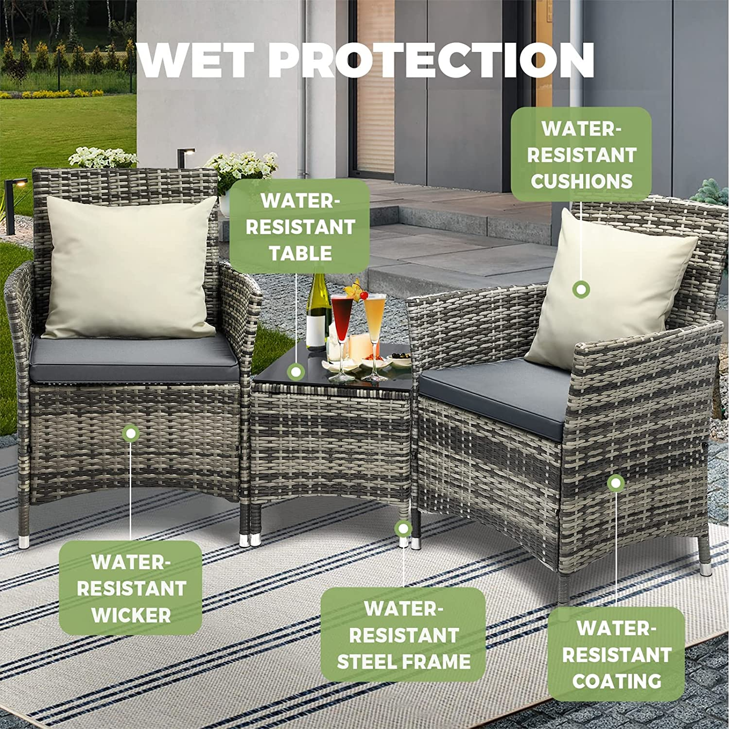 Livsip 3Pcs Outdoor Furniture Table and Chairs with Pillow Grey - Busttro-3Pcs-Black image number 6