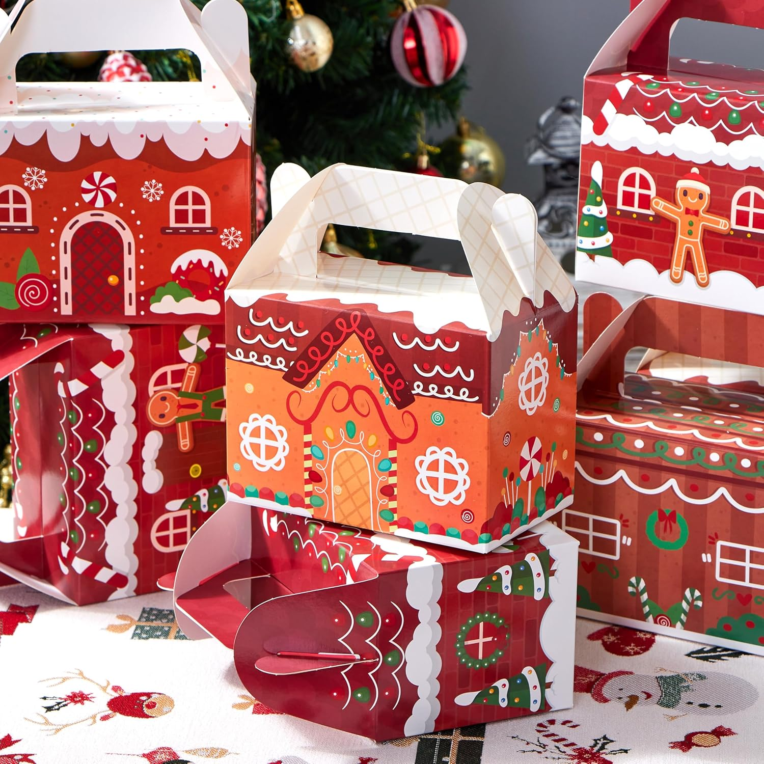JOYIN 24 PCS Christmas Cookie Boxes, Christmas 3D House Cardboard Treat Boxes for Holiday Xmas Goody Gift, Goodie Paper Boxes, School Classroom Party Favor Supplies, Candy Treat image number 4