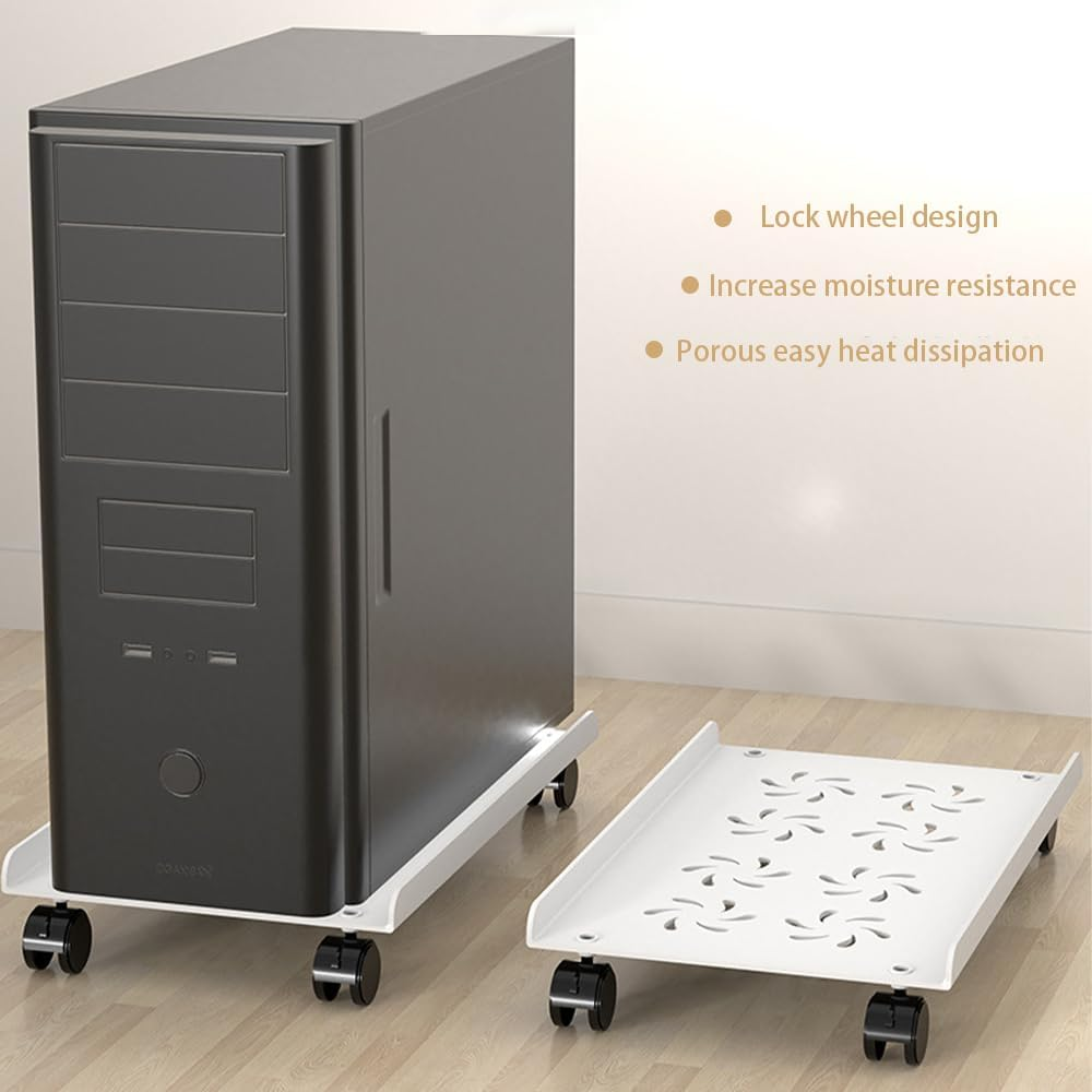 Computer Tower Heavy-Duty CPU Stand Cart with Four Wheels Rolling Monitor Support Mobile PC Holder Desk Accessories (White) - Black image number 3