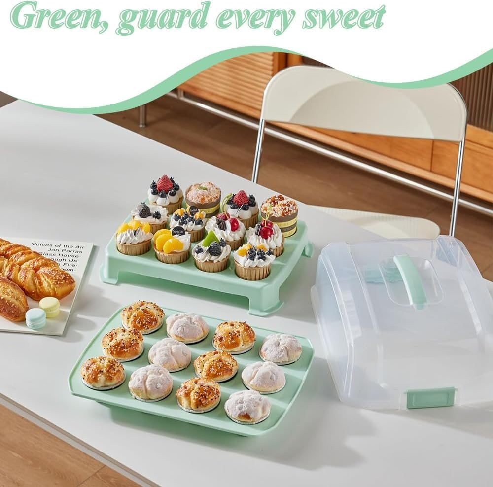 2 Tier Cupcake Carrier for 24 Cupcakes, Durable Muffin Traveler Reusable Cupcake Box, Airtight Snap Lid Clear Plastic Storage Container Baked Goods Container