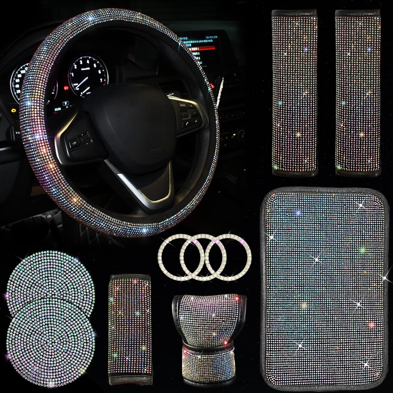11 Pcs Bling Car Accessories Set,Bling Car Accessories Set for Women, Bling Steering Wheel Cover for Women Universal Fit 15 Inch, Rhinestone Center Console Cover(Ch Amp Ag Ne)