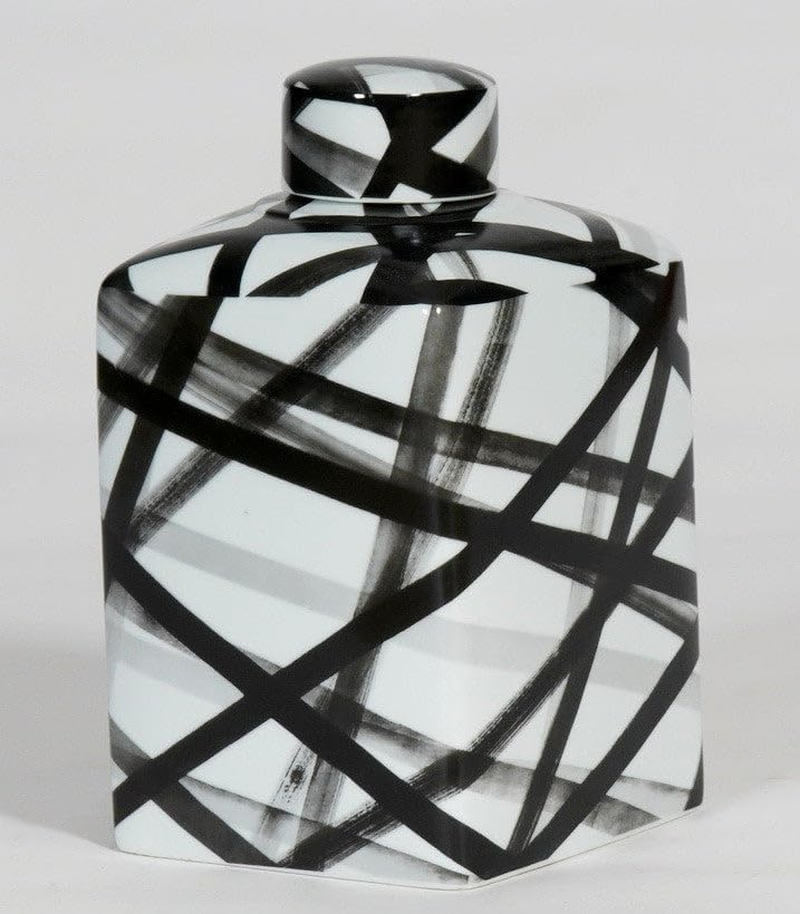 Trojan Homeware Medium Handpainted-Black and White Container, Graphic Black Strips 70% Off