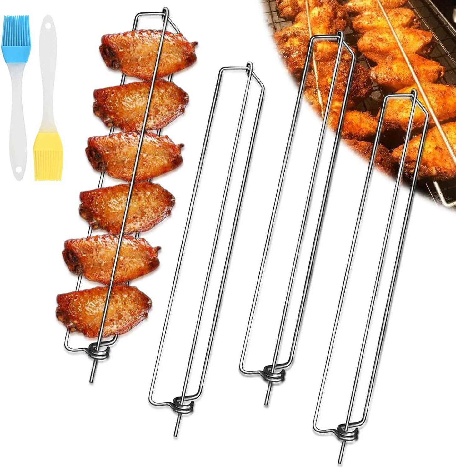 4 Pcs Flat Chicken Wing BBQ Fork, Chicken Wing Holder for Grill, Wing Rails for Chicken, Clamping Wing Rails, Stainless Steel Chicken Wings Grilling Rails, Comes with 2 Silicone Oil Brushes image number 6