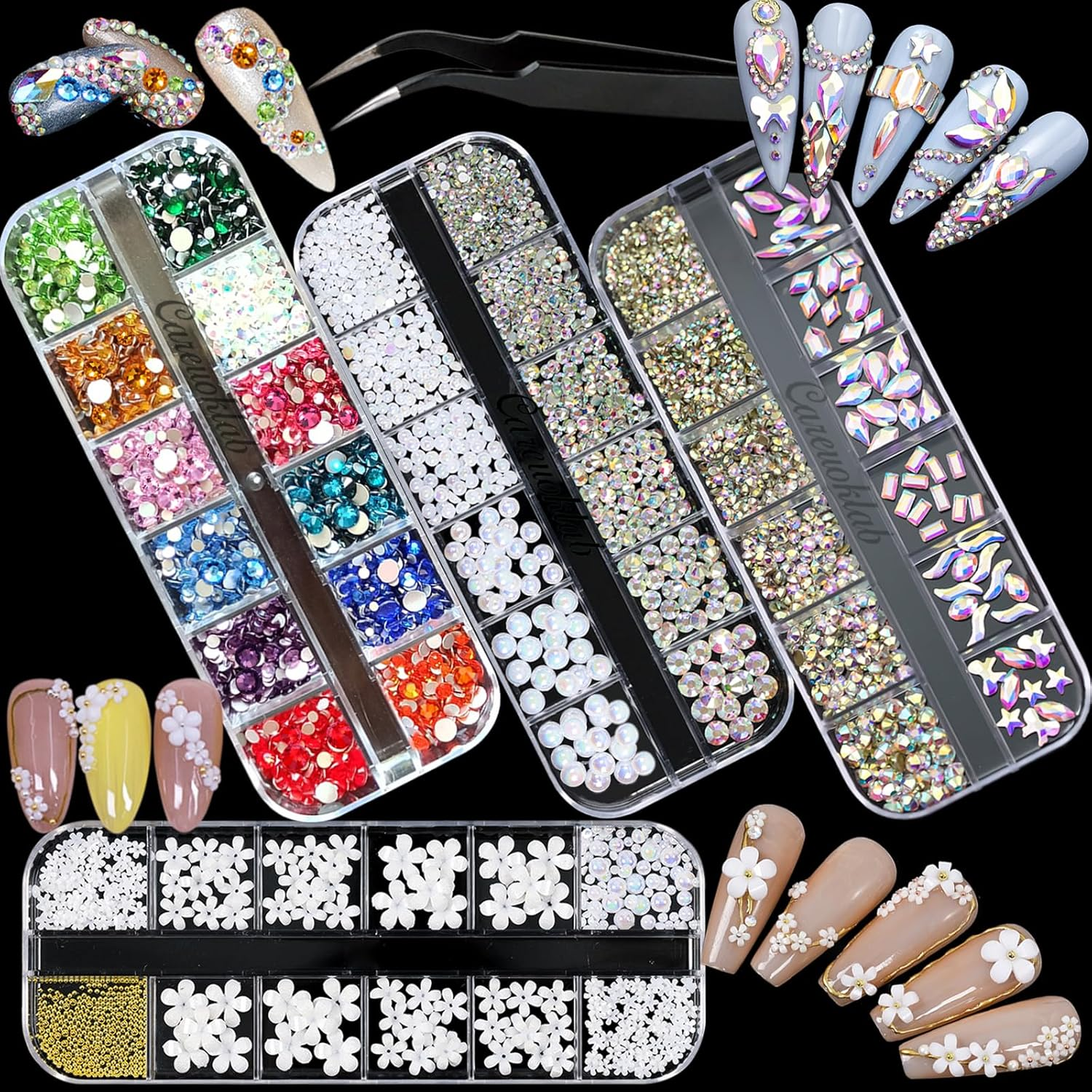 2 Boxes Colorful Glass Crystals of Flatback Rhinestones, Multi Sizes 3D Nail Art Gems Stones for Nails Crafts and DIY Decoration (Multicolor + Crystal AB)