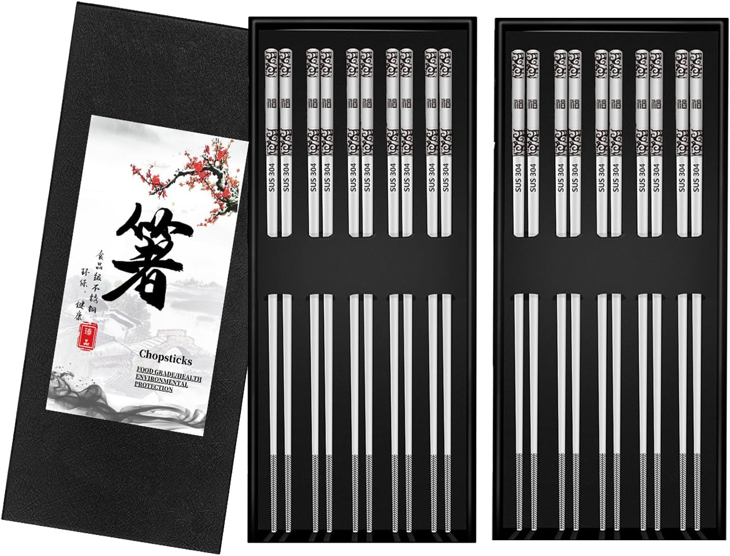 Metal Chopsticks Reusable 10 Pairs Stainless Steel Chopsticks Dishwasher Safe Square Lightweight Non-Slip Chop Sticks Gift Set (Silver) image number 5