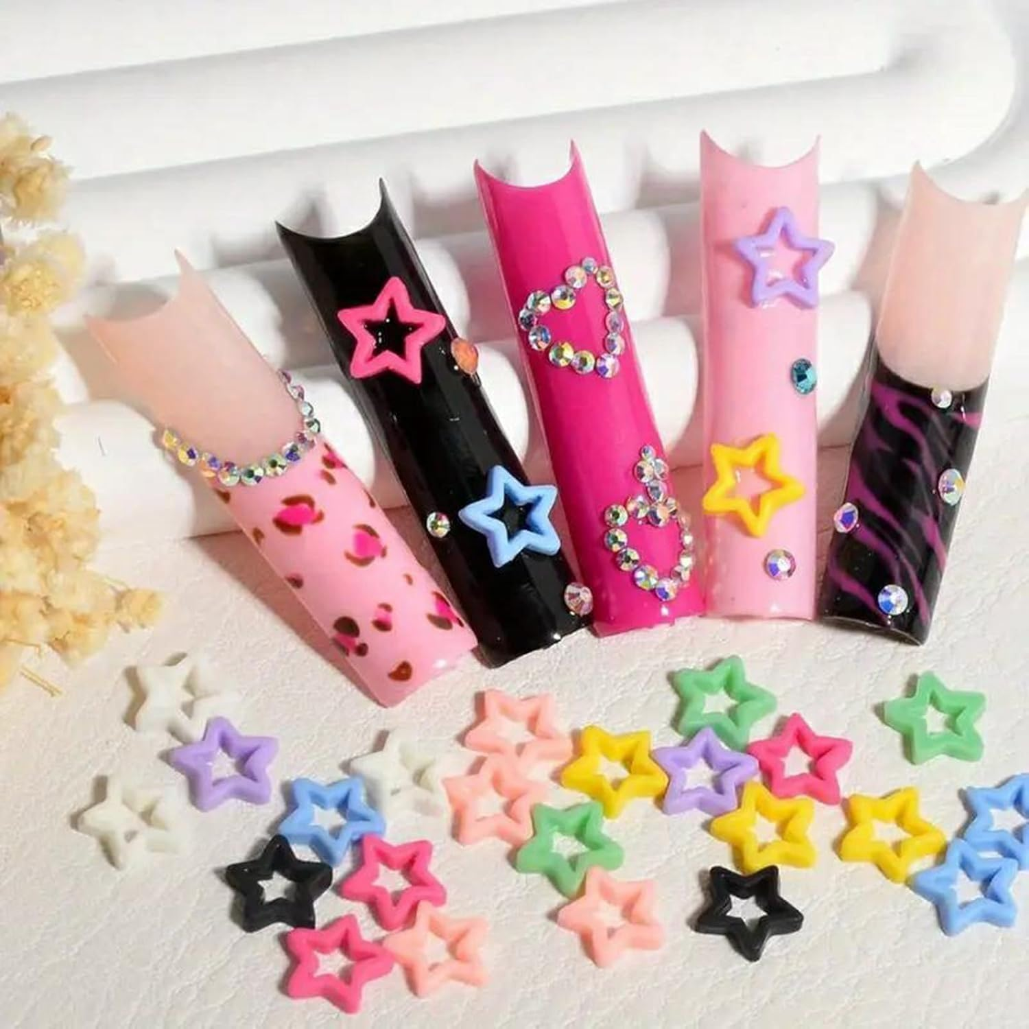 ROSEUS Nail Art Resin Charms 150 PCS, Y2K 90'S Style Hearts and Stars, Multi Colour Rhinestones Hollow image number 1