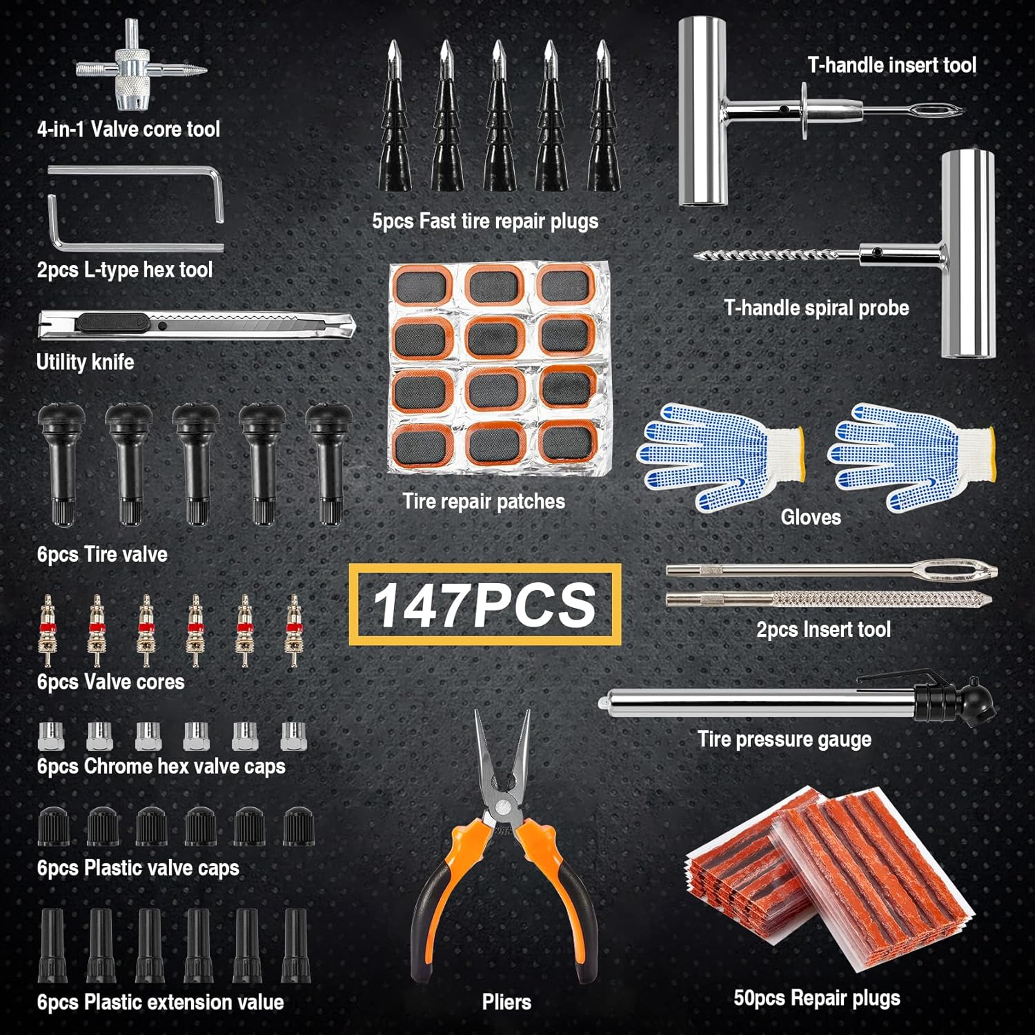 Krimocy 147 Pcs Tyre Repair Kit Heavy Duty Tire Plug Kit for Car, Universal Tire Patch Kit to Fix Punctures and Plug Flats, Tire Repair Plugs for Truck, RV, ATV, Tractor, Trailer image number 1
