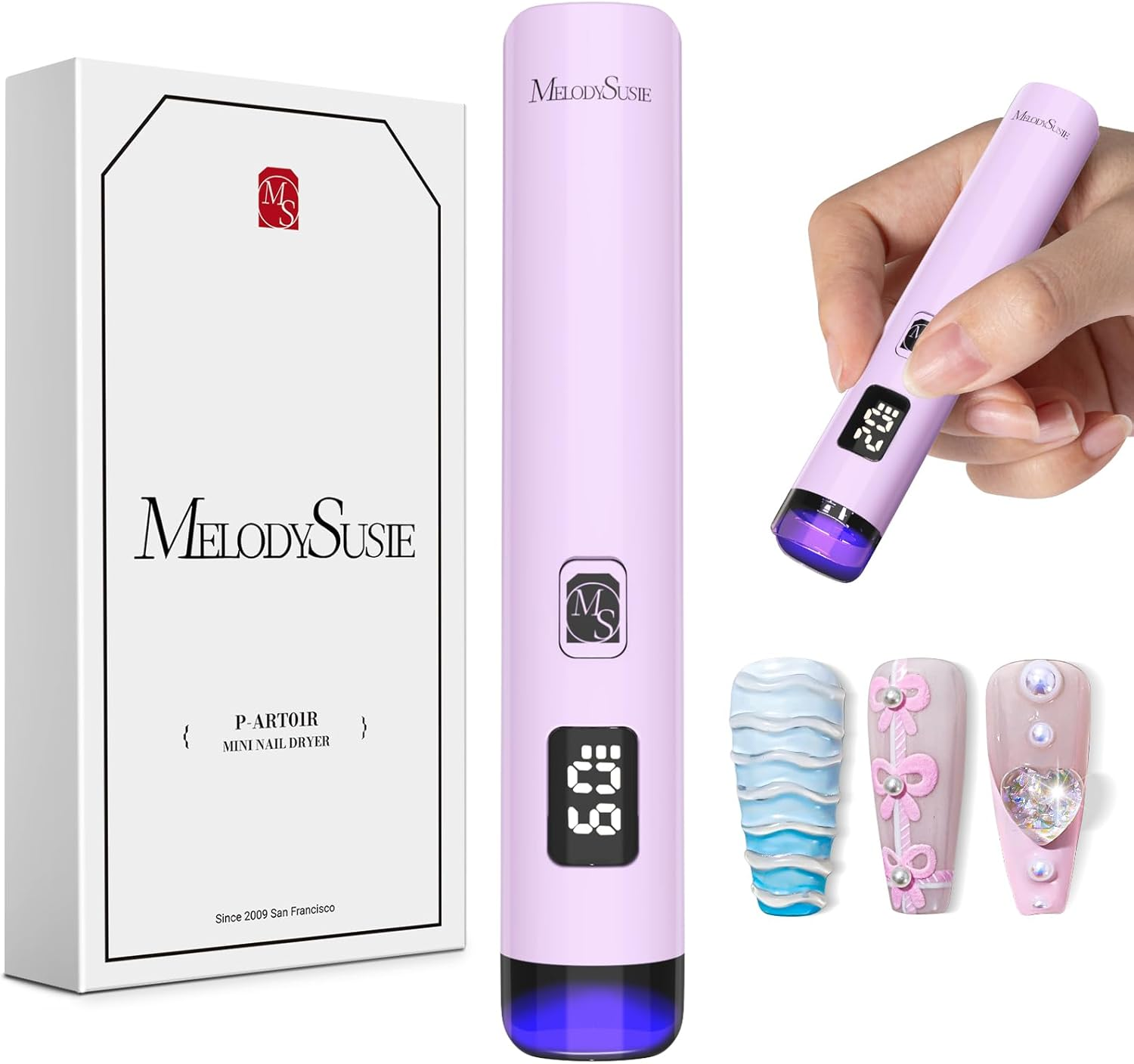 Melodysusie Handheld UV Light for Gel Nails, ART01R Cordless Gel X Nail Lamp Rechargeable with LCD Display, Eye-Protective Cover Flash Cure Nail Dryer for Rhinestone Glue Decoration DIY at Home Purple image number 1