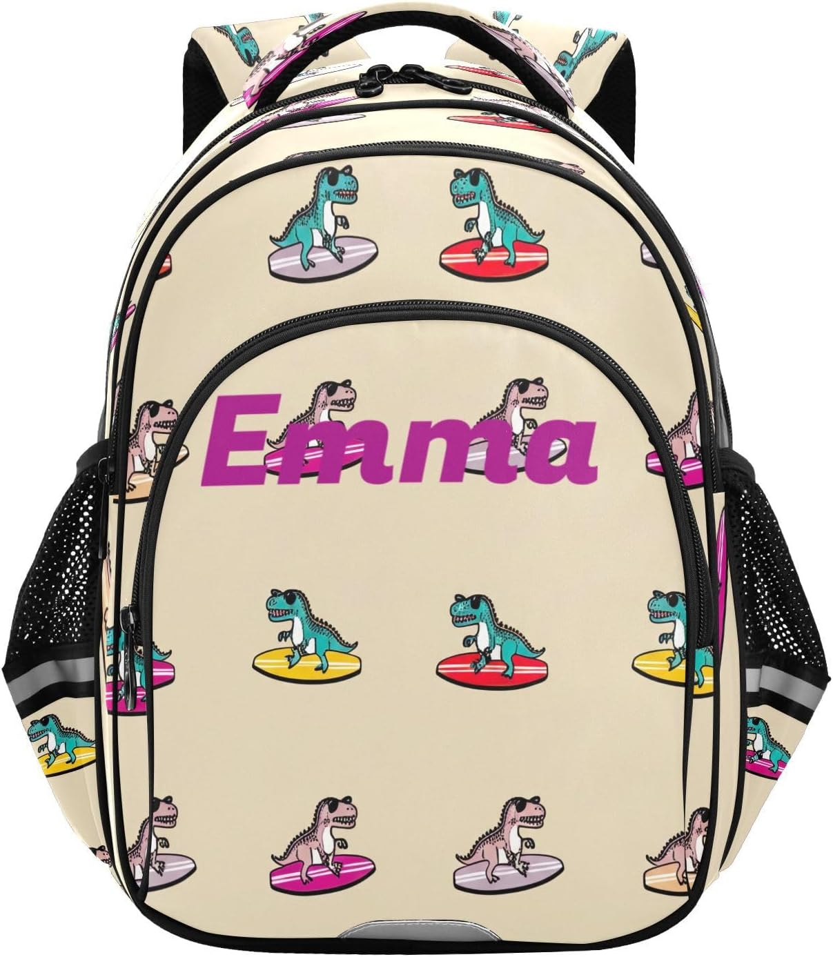 Personalized Cartoonish T Rex Beige Kids School Backpack for Boys Girls Ages 3-5, Cute 15 Inch Elementary Kids Backpack image number 1