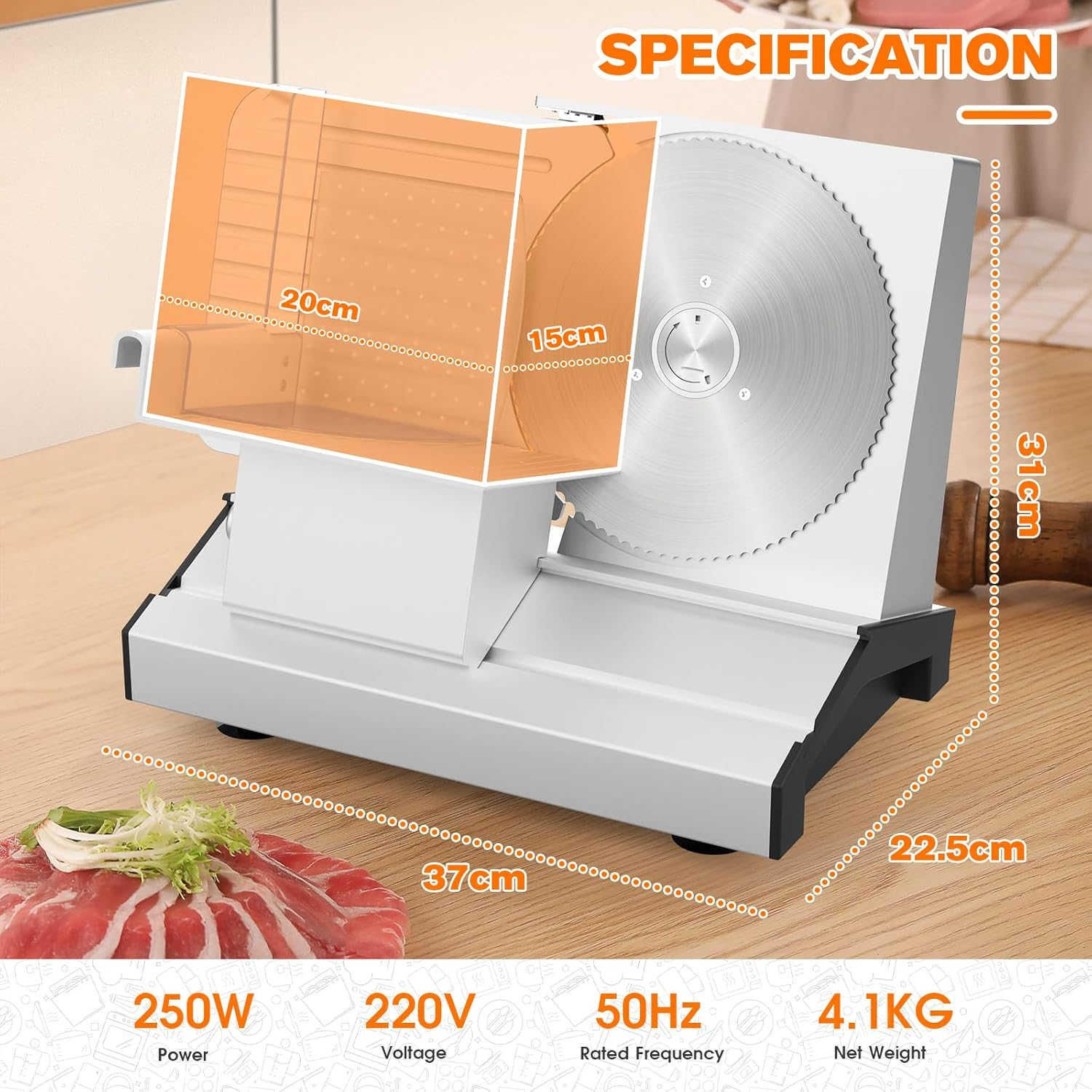 ADVWIN Meat Slicer, Electric Food Slicer with 8.6" Removable Stainless Steel Blade & Food Carriage, 0-20Mm Adjustable Thickness Upgraded Meat Slicer, Cheese Fruit Vegetable Bread Food Slicer image number 2