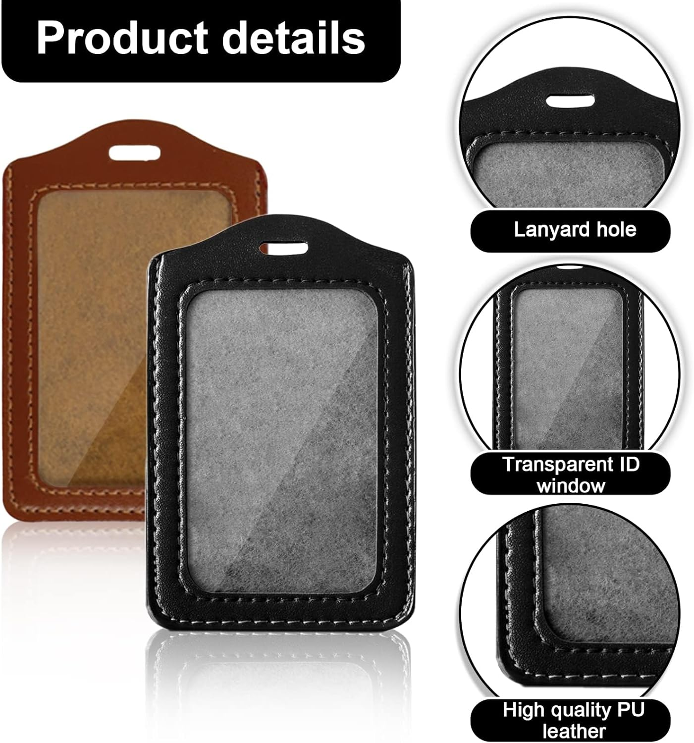 Badge Holder, 4 Pcs Leather ID Card Holder, Clear ID Window Card Holder for School Office (Black, Brown) image number 3