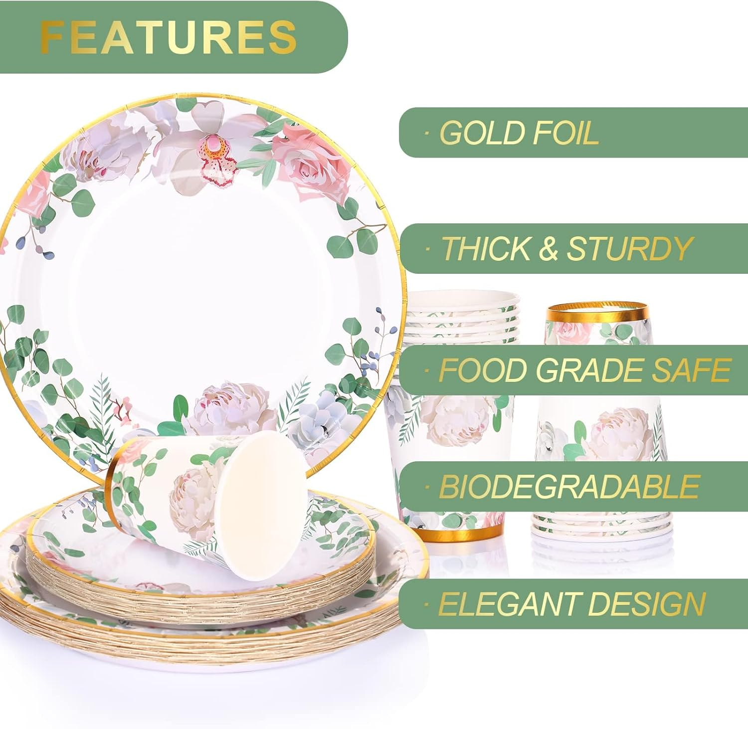 175 Pcs Floral Party Decorations - Bridal Shower Plates & Disposable Tableware Set for 25 Guests - Tea Party Themed Decorations, Paper Plates, Cups & Napkins for Baby Shower, Birthday, Wedding(Floral) image number 3