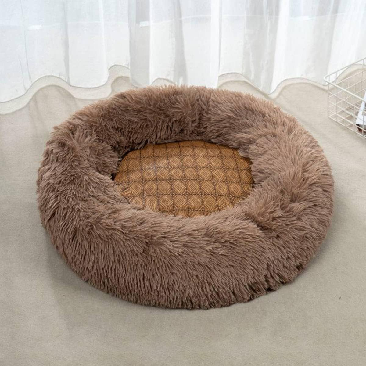 Donut Cat Bed, Faux Plush Dog Beds for Medium Small Dogs - Self Warming Indoor round Pillow Cuddle Washable Dog Bed Cat Bed Diameter16In