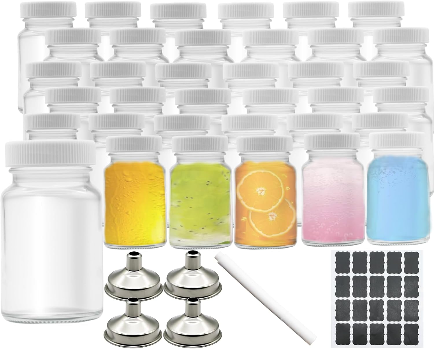 36 Pack 2 OZ Glass Shot Bottles with Caps, 60 ML Empty Wellness Juice Bottles for Freezer Mini Water Bottle Containers for Drink Milk Beer Coffee Liquid Beverages with 4 Funnels, Lables and Pen image number 4