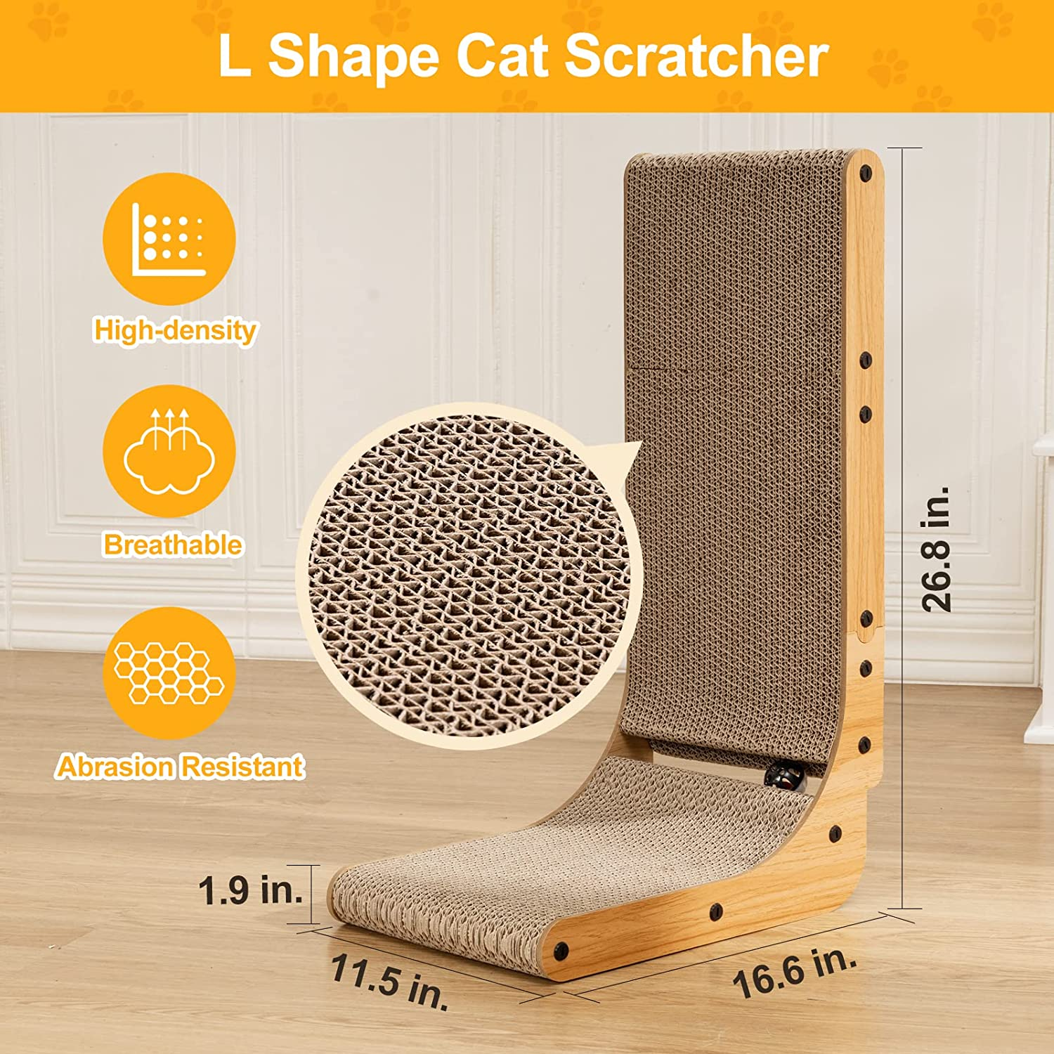L Shape Cat Scratcher, Poils Bebe Cat Scratchers for Indoor Cats, Protecting Furniture Cat Scratch Pad, Cardboard Cat Scratching with Ball Toy, Catnip, 26.8 Inches, Large, Brown image number 1