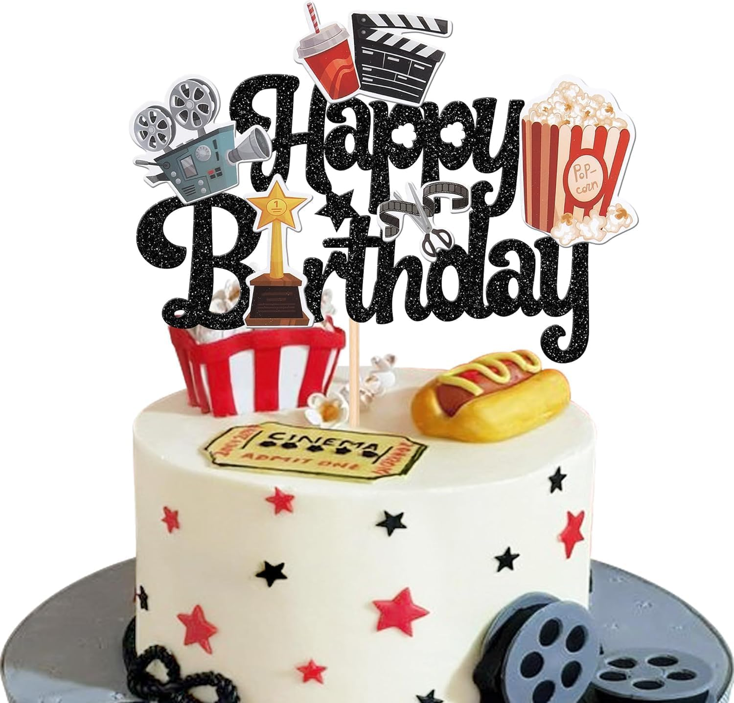 SYKYCTCY 1 Pack Movie Night Cake Topper Happy Birthday Sign Cake Pick Decorations for Theater Video Recorder Roll Camera Popcorn Hollywood Theme Family Film Baby Shower Birthday Party Supplies (Gold)