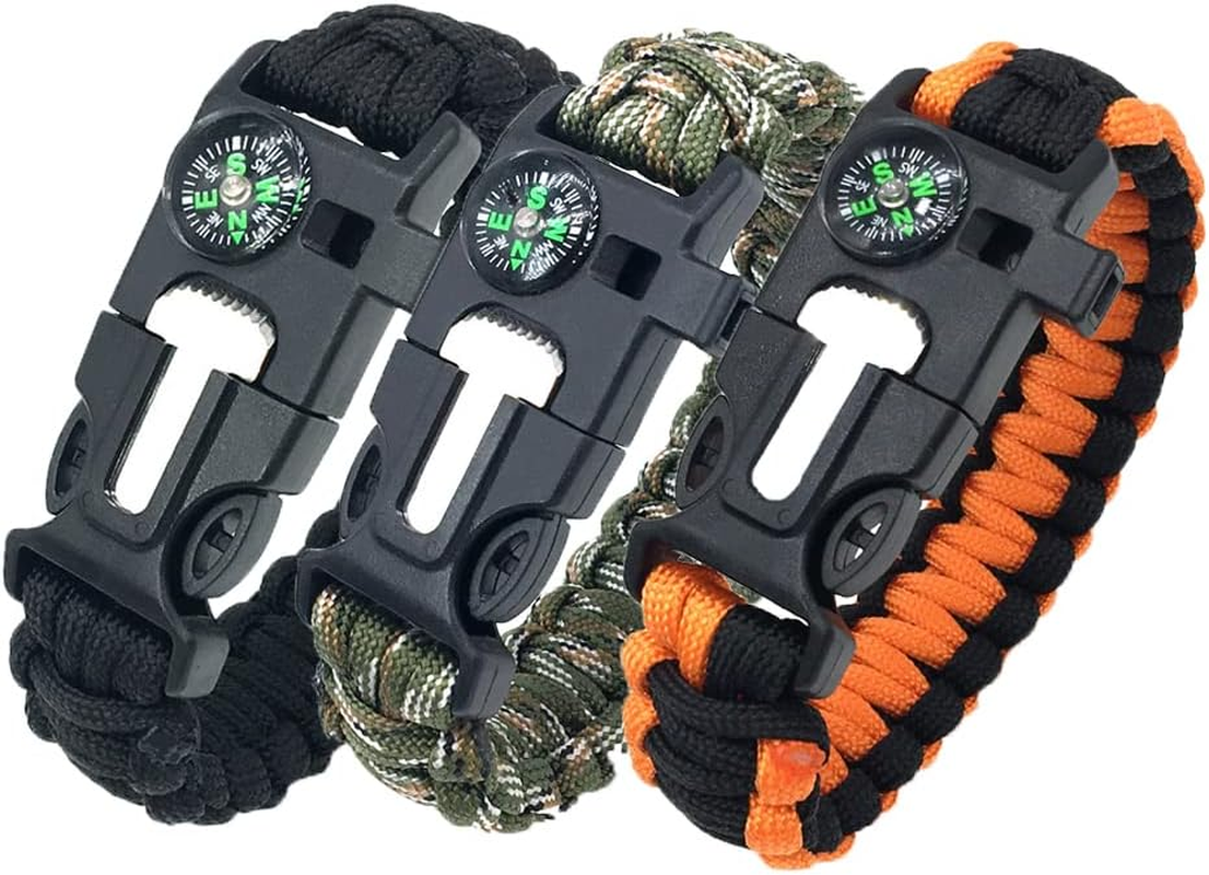 DIHAIMI Paracord Survival Bracelet (3 Pieces), Practical Five Functions, Fire Starter, Loud Whistle, Reliable Compass, Rope Cutter, Reliable Paracord, Black & Camo & Orange+Black, 9 Inches, Nylon image number 1