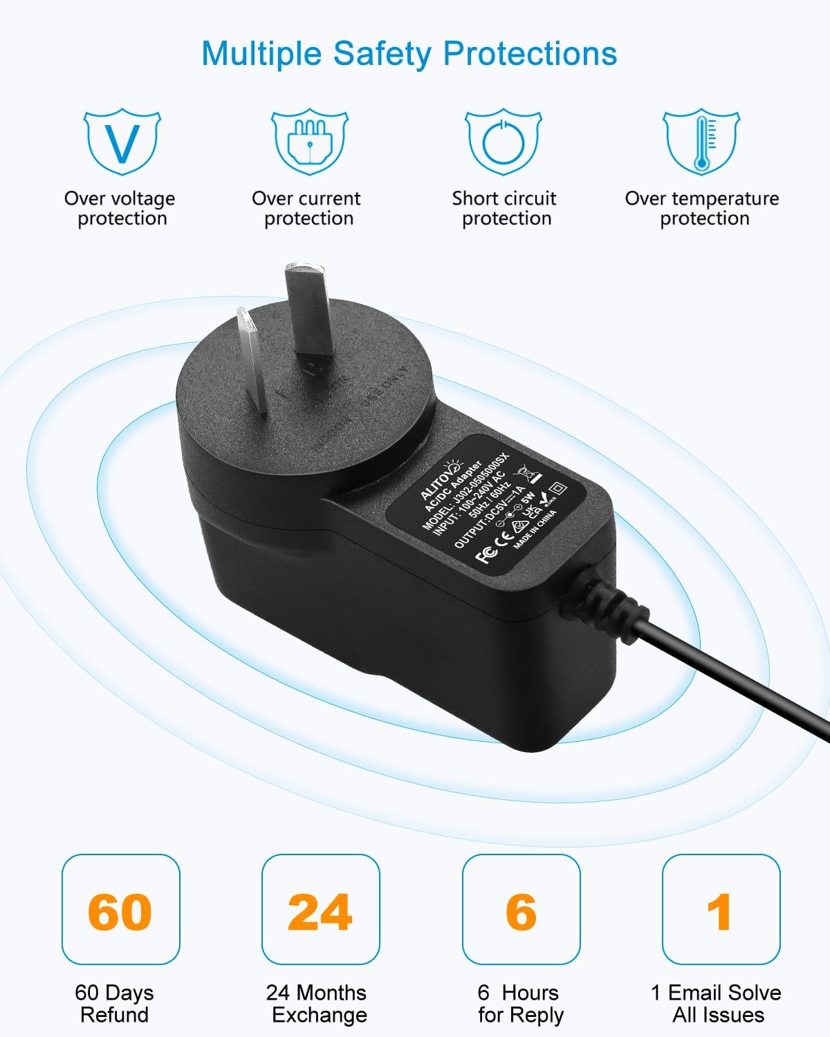ALITOVE 5V 1A Power Supply 5 Volt 1A 5W Power Adapter 100-240V AC to DC 5V Universal Power Cord AC/DC Converter with 5.5X2.5Mm 5.5X2.1Mm 4.0X1.7Mm 3.5X1.35Mm 3.0X1.1Mm 2.5X0.7Mm Micro-Usb Type-C Tips image number 4