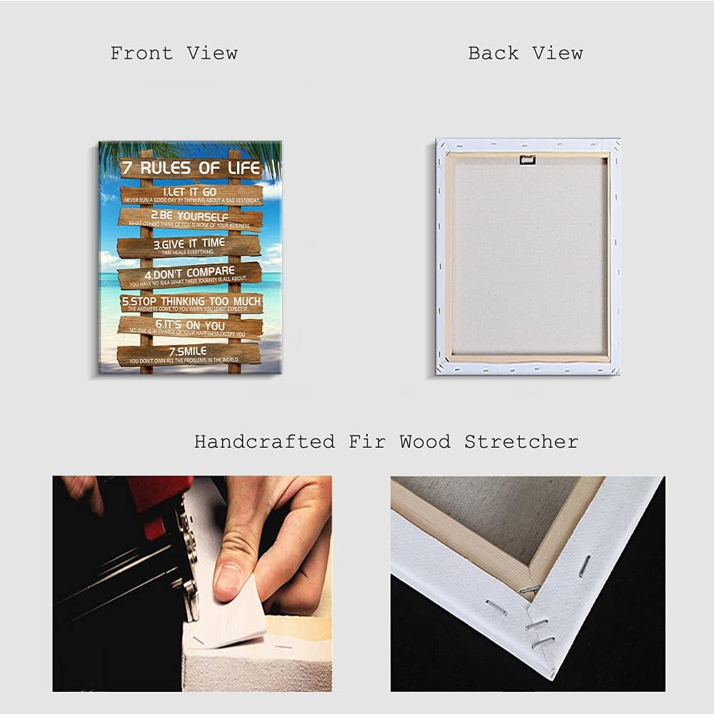 Kas Home Inspirational Wall Art - 7 Rules of Life Motivational Canvas Wall Decor Beach Positive Quotes Living Room Rustic Framed Art Gift for Bedroom Bathroom (12 X 15 Inch, Brown - 7 Rules) - White-Love image number 6