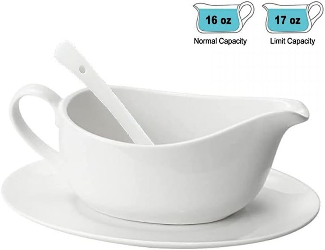 Qlans Gravy Boat with Ladle and Saucer 17 Oz,Ceramic Sauce Boat with Tray for Salad Dressings Milk,Warming Sauces,Creamer,Broth,Black Pepper,White (1 PCS New Gravy Boat with Ladle and Saucer)