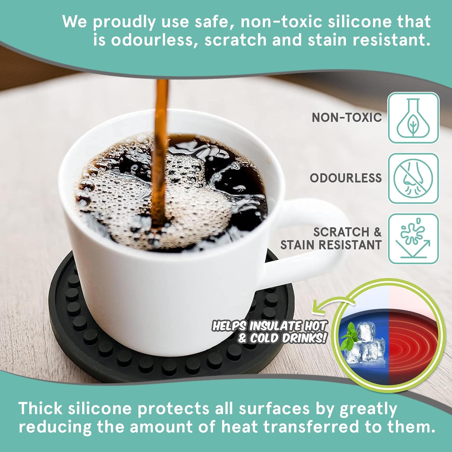 Smith&rsquo;S&reg; Black Matte round Silicone Rubber Drink Coasters (Set of 6) | 9.4Cm Diameter | Non-Slip | Water Catching Technology | Perfect for Homes & Bars! image number 1