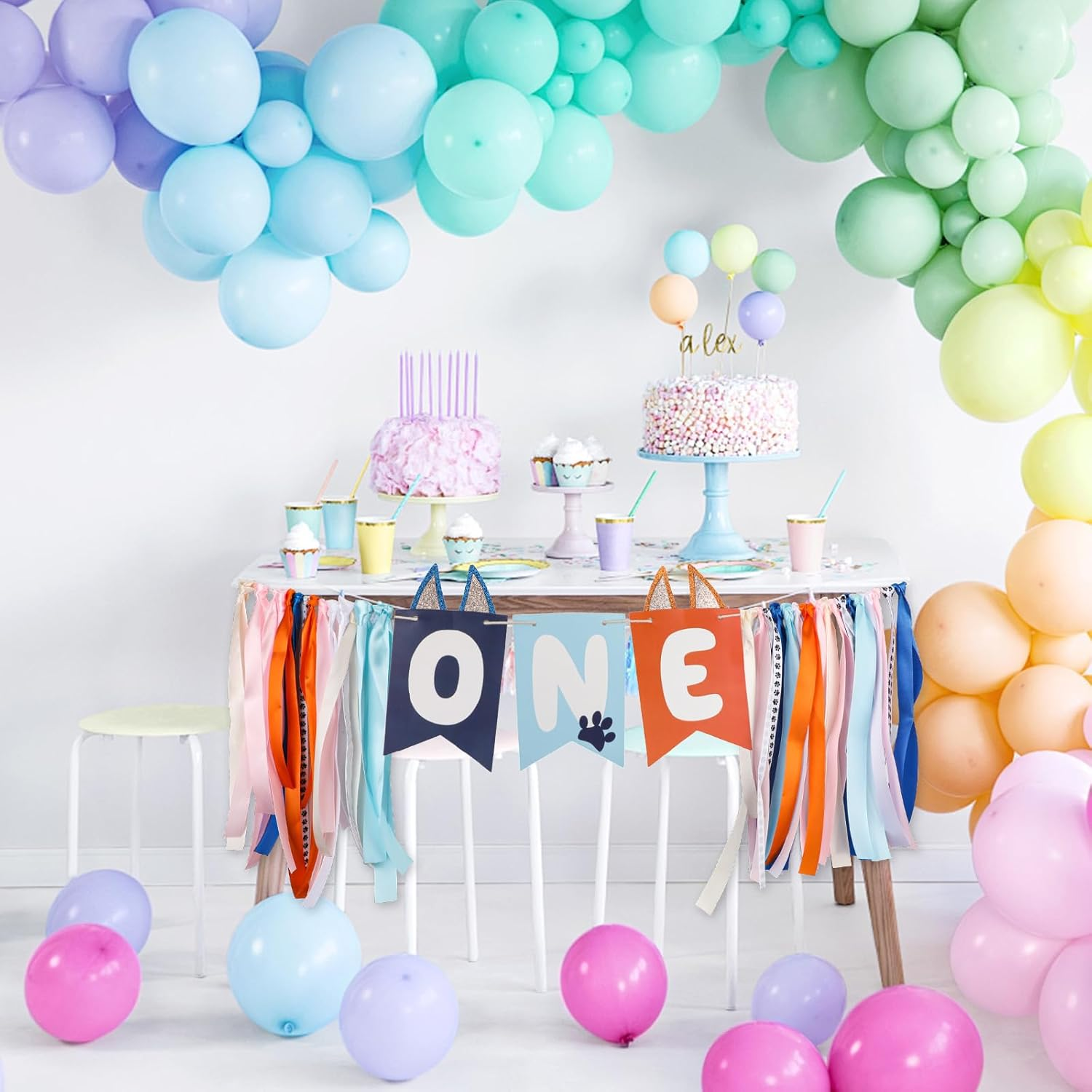 Light Blue Navy Brown Orange First Birthday High Chair Banner, Cute Puppy Paw Print Highchair Banner First Birthday Boys and Girls First Birthday Decor Birthday Backdrop Banner image number 1