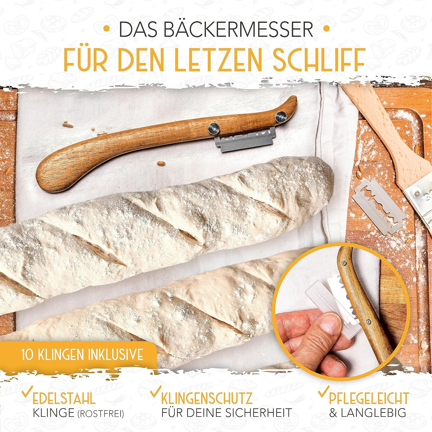 KRUSTENZAUBER Baguette Baking Mould Non-Stick Including Baker'S Lines and Baker'S Knife - 4 Baguette Baking Tray - Ideal as Baguette Tray, Bread Baking Mould, Baguette Tray, Bread Baking Accessories image number 4