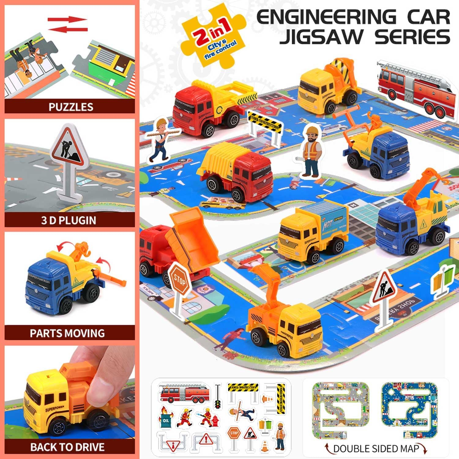 Pull Back City Cars and Trucks Toy Die Cast Vehicle Set Model Car, Friction Powered Mini Car Pack Toy Set with Play Mat, City Puzzle Engineering Car Set Toys for Kids 3 4 5 6 7 8 Years Old Boy Gifts image number 2