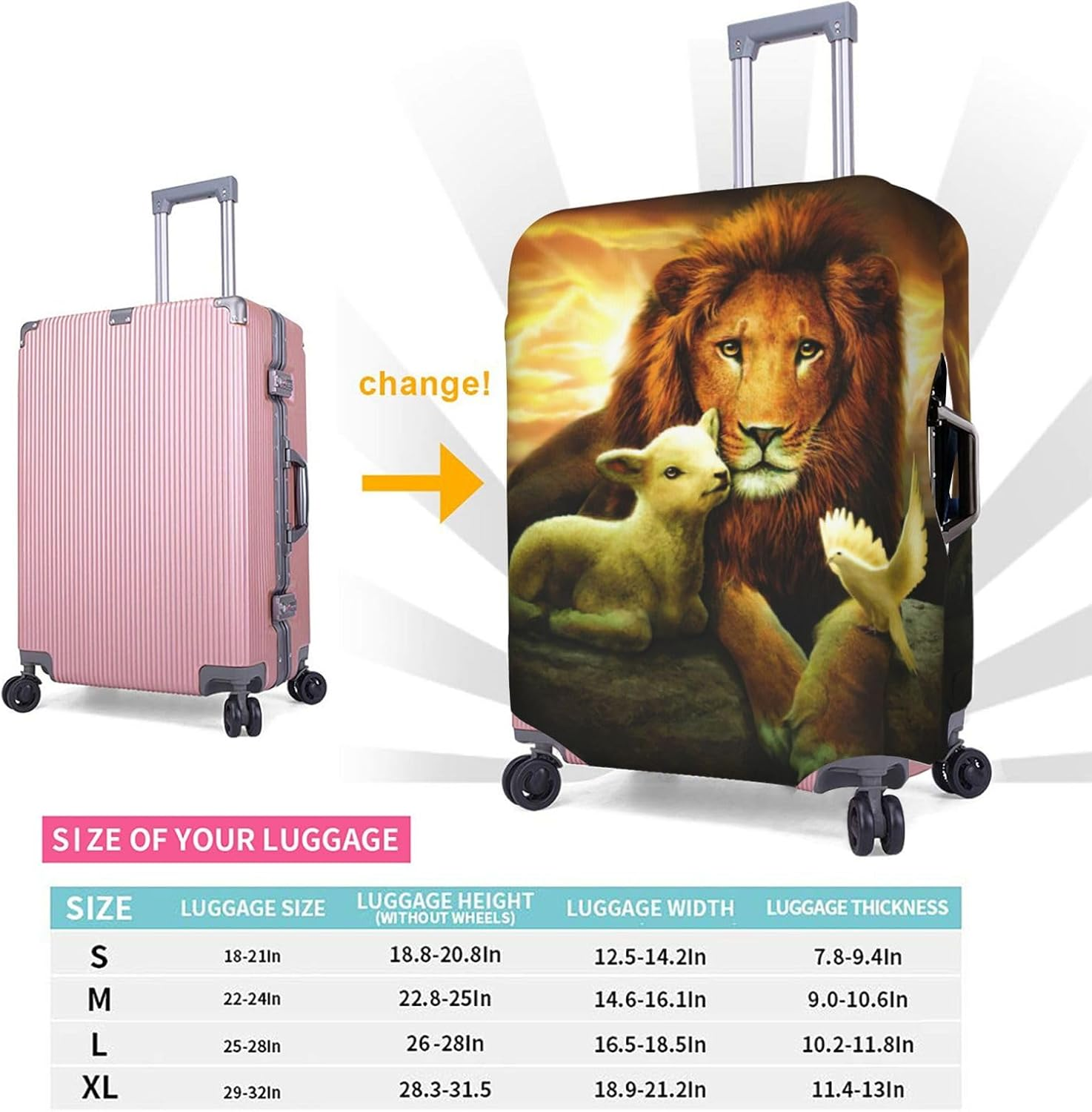 Odddot Sunset Lion Lamb Bird Print Travel Luggage Cover,Suitcase Protector Cover, Washable Baggage Covers,For 18-32 Inch Luggage, Sunset Lion Lamb Bird, Large image number 6