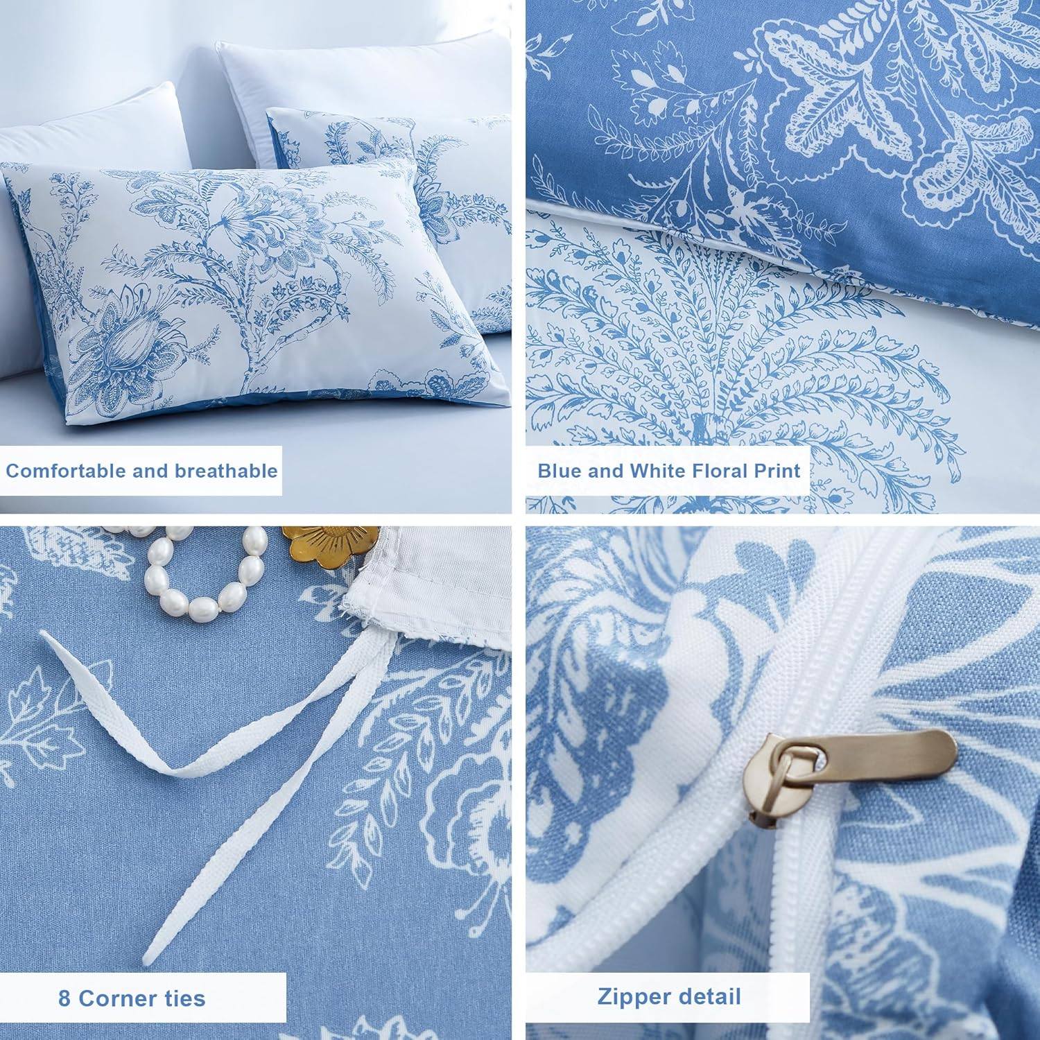 BOLINLIVING Floral Duvet Cover Queen Size 3 Pieces, Flower Duvet Cover with 2 Pillow Shams, Soft Floral Bedding Set White and Blue for All Season, Breathable, Zipper Closure&hellip; image number 4